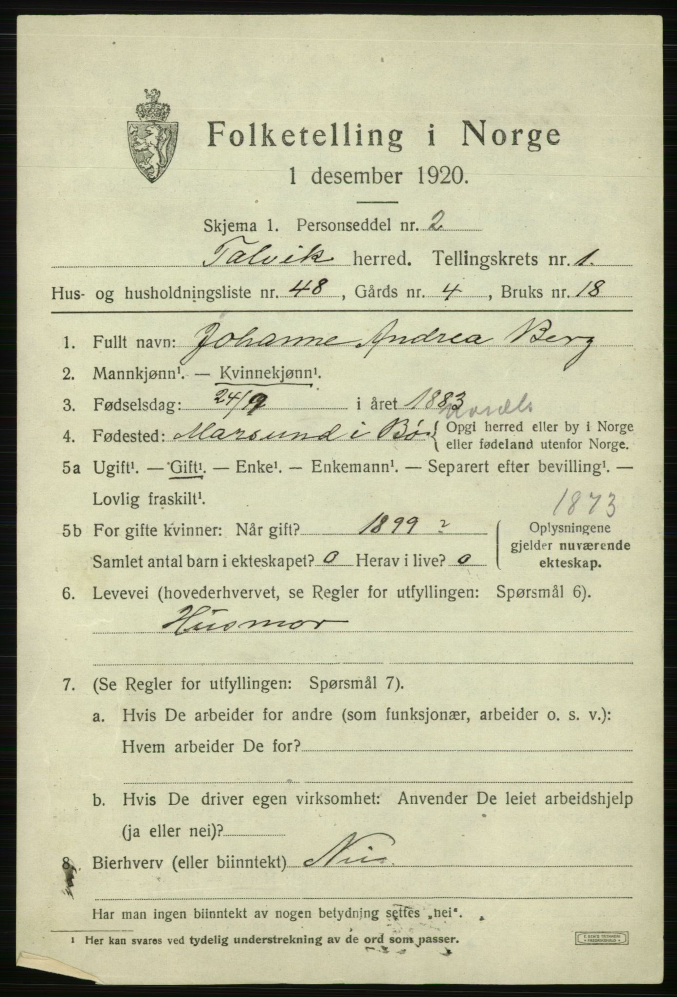 SATØ, 1920 census for Talvik, 1920, p. 1538