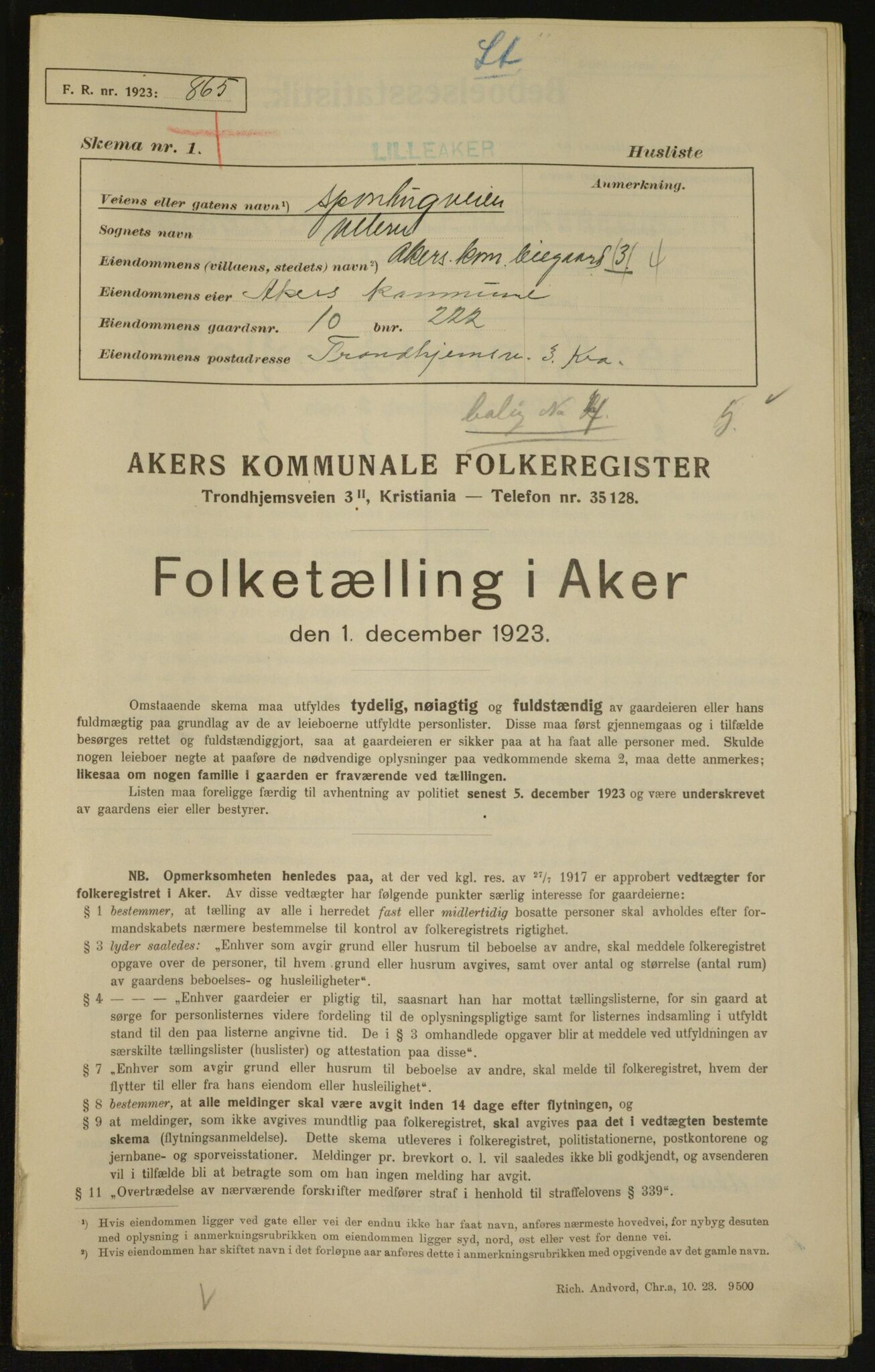 , Municipal Census 1923 for Aker, 1923, p. 5321