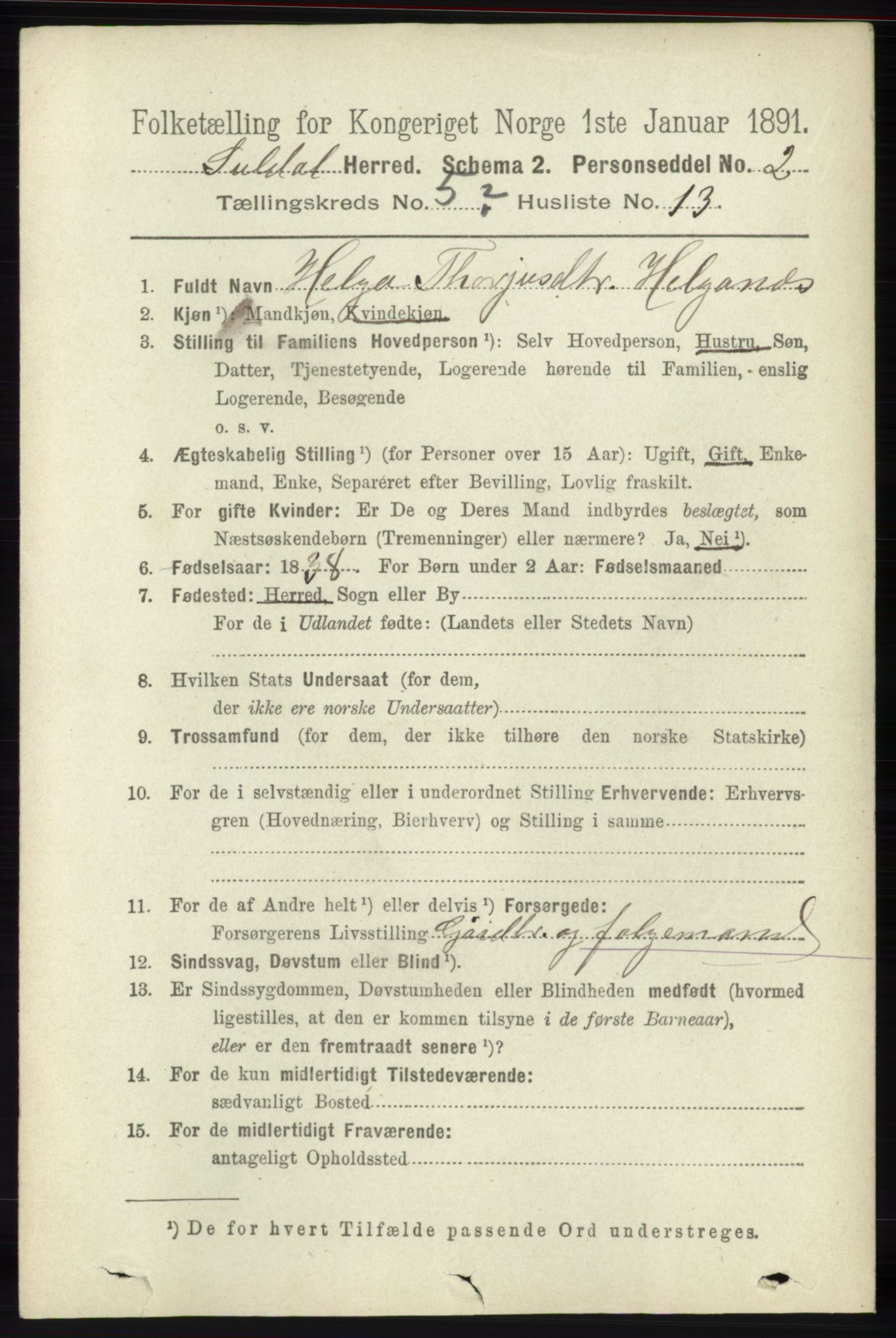 RA, 1891 census for 1134 Suldal, 1891, p. 1529