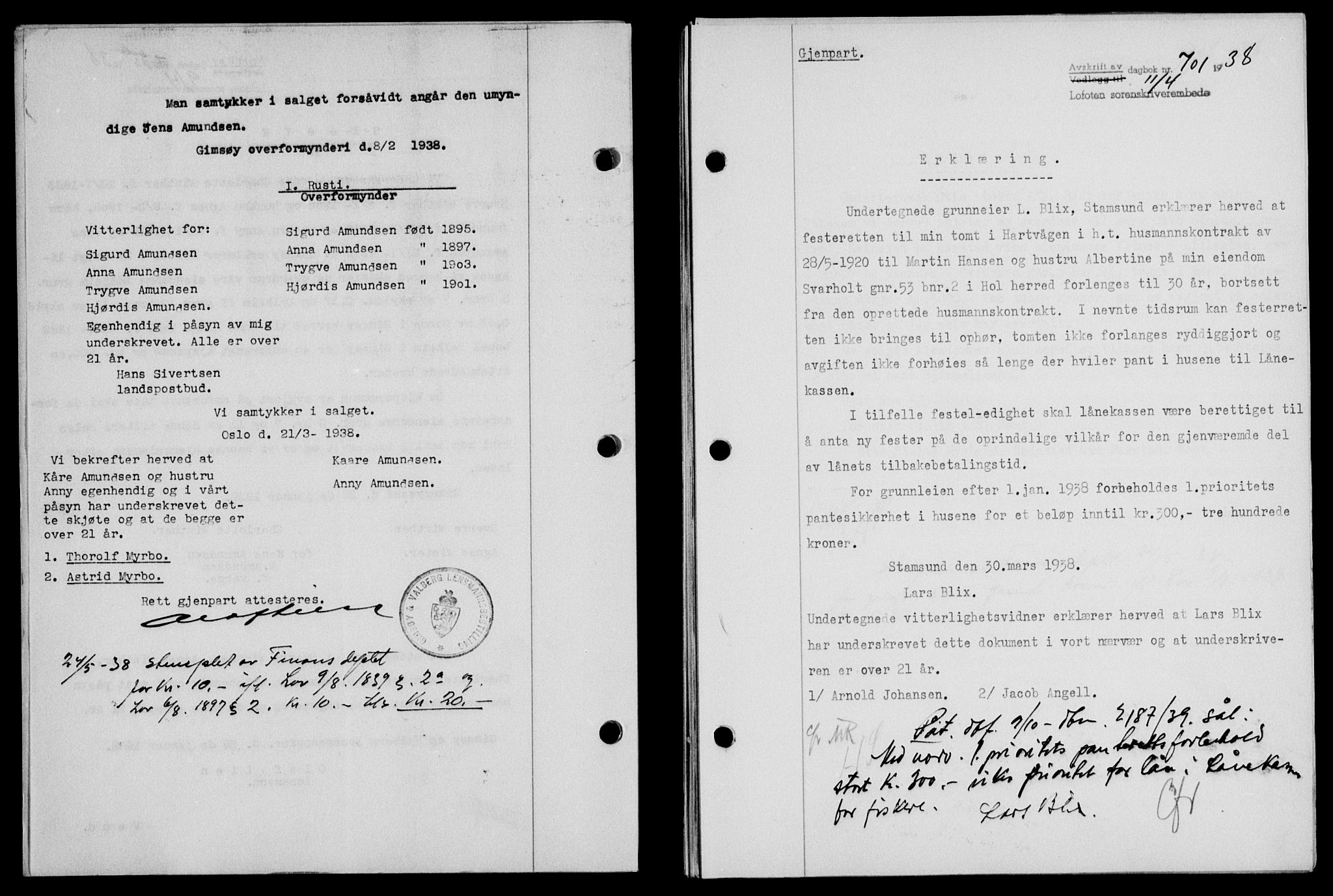 Lofoten sorenskriveri, AV/SAT-A-0017/1/2/2C/L0004a: Mortgage book no. 4a, 1938-1938, Diary no: : 701/1938