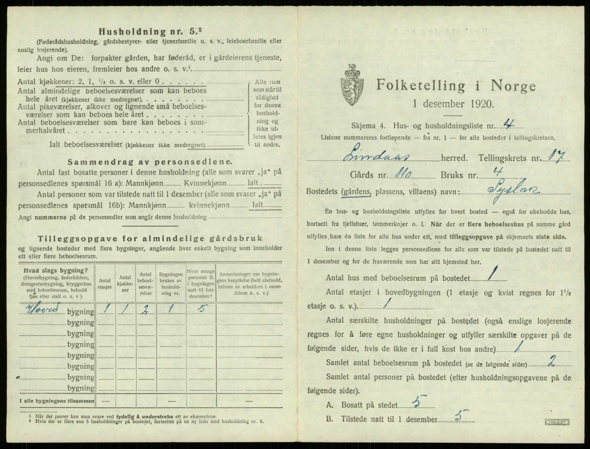 SAB, 1920 census for Lindås, 1920, p. 1227