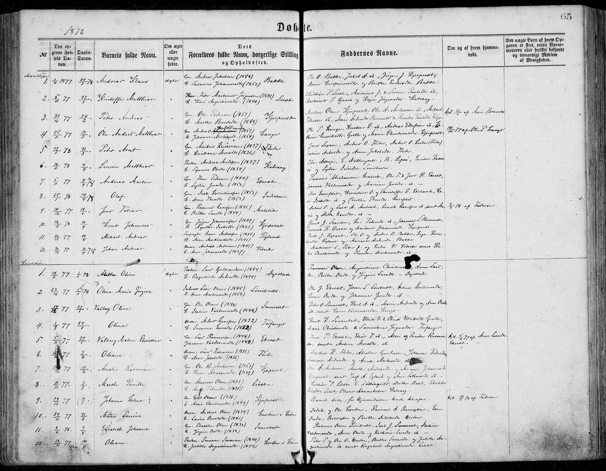 Bremanger sokneprestembete, SAB/A-82201/H/Haa/Haaa/L0001: Parish register (official) no. A  1, 1864-1883, p. 65