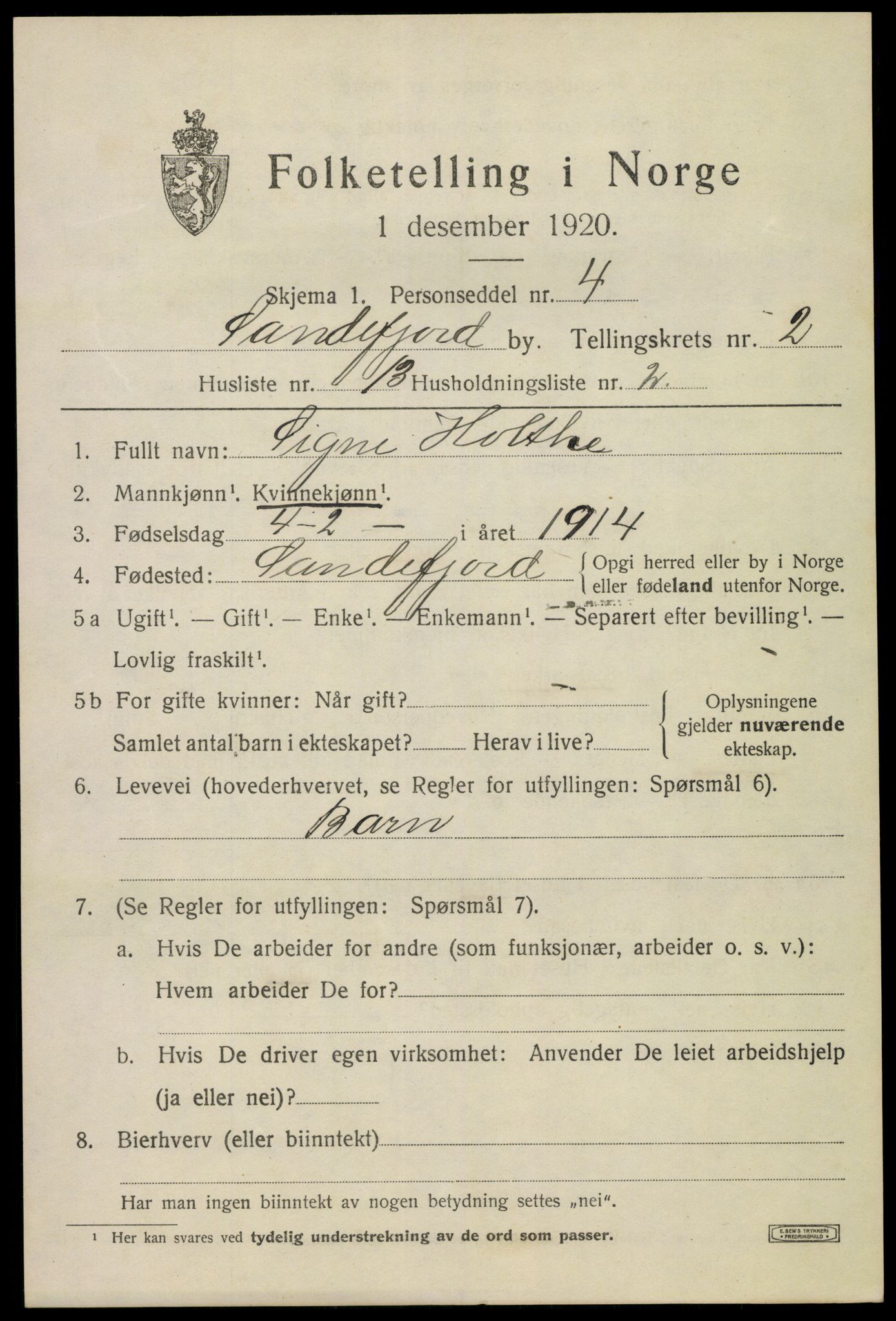 SAKO, 1920 census for Sandefjord, 1920, p. 5700