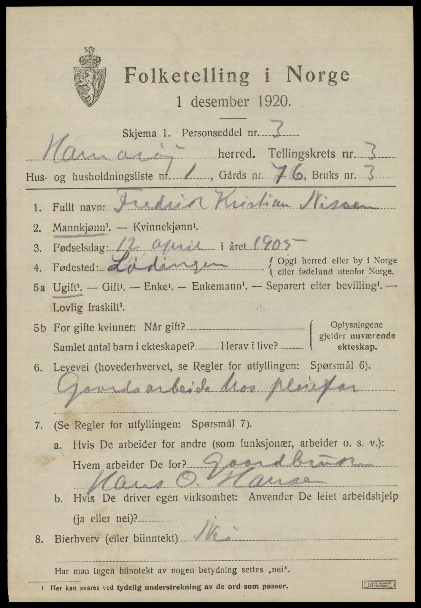 SAT, 1920 census for Hamarøy, 1920, p. 2106