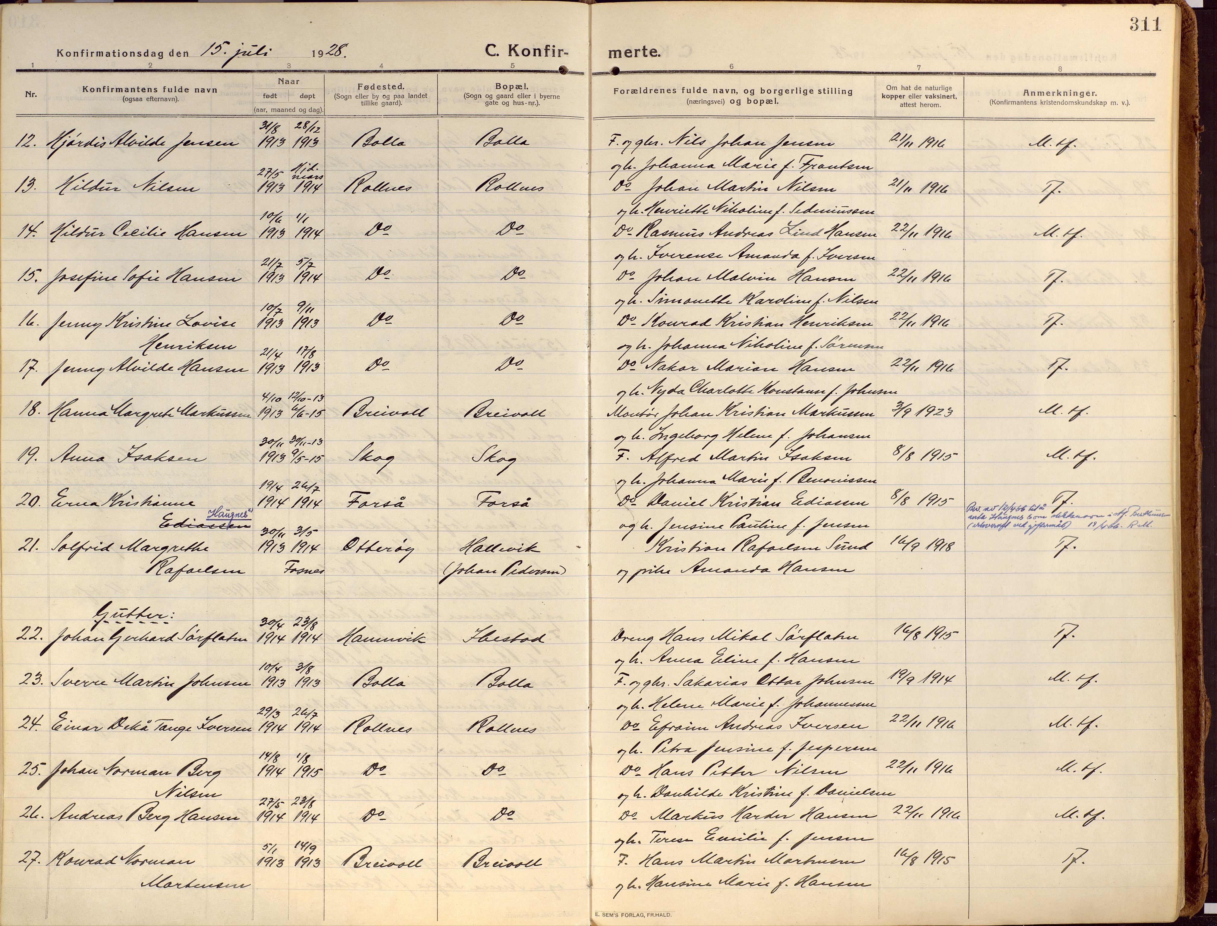 Ibestad sokneprestembete, SATØ/S-0077/H/Ha/Haa/L0018kirke: Parish register (official) no. 18, 1915-1929, p. 311