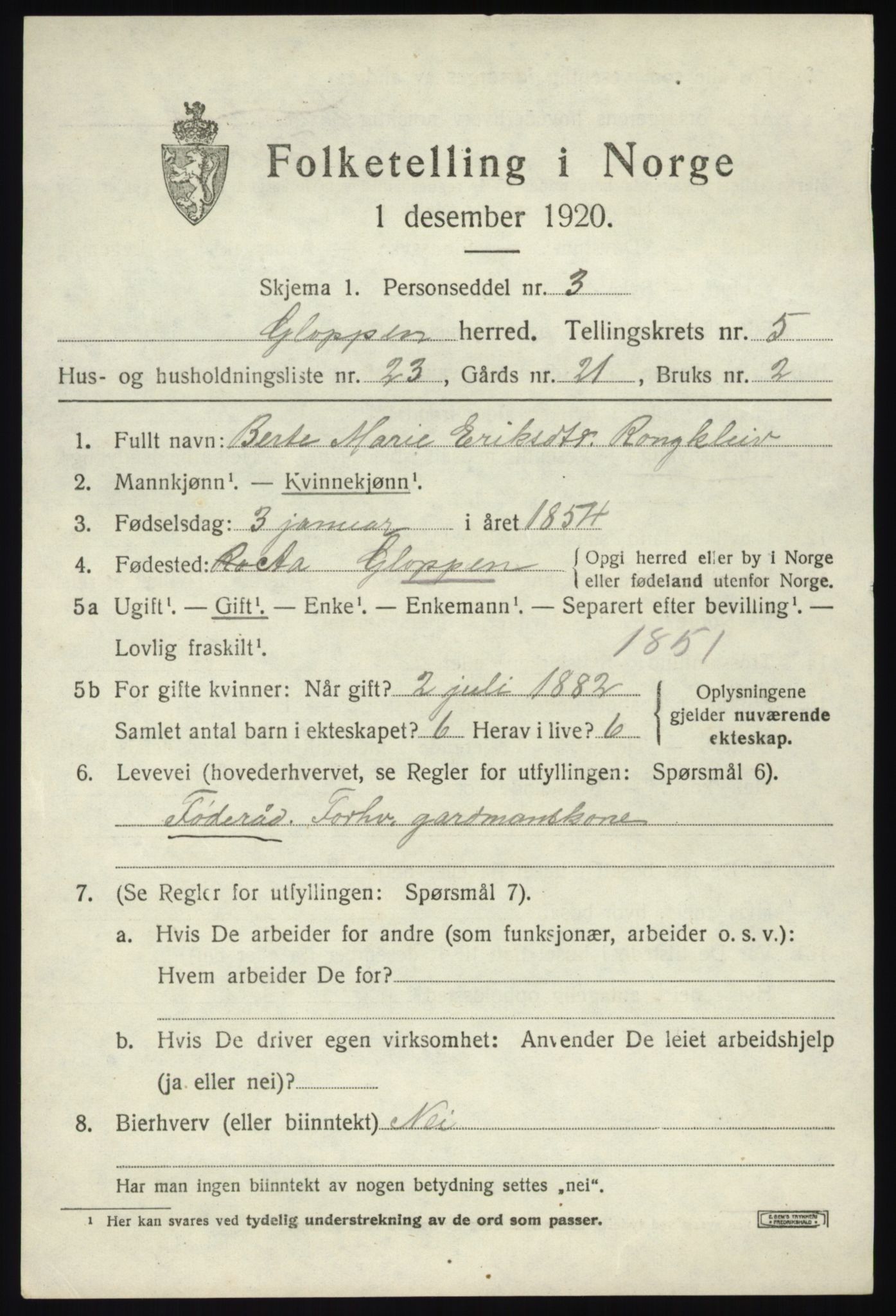 SAB, 1920 census for Gloppen, 1920, p. 3694