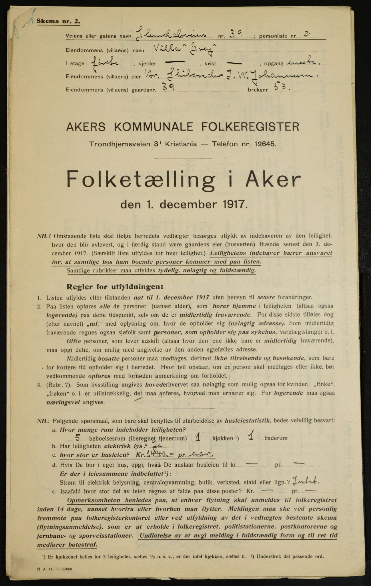 OBA, Municipal Census 1917 for Aker, 1917, p. 9604