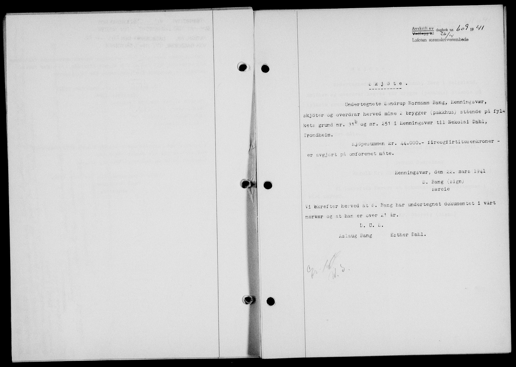 Lofoten sorenskriveri, SAT/A-0017/1/2/2C/L0008a: Mortgage book no. 8a, 1940-1941, Diary no: : 609/1941