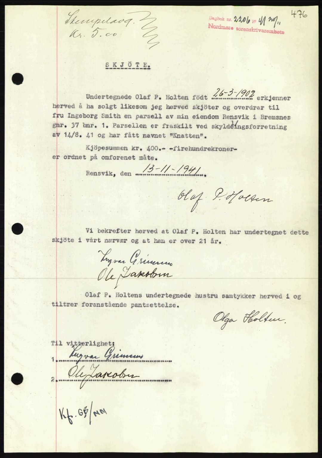 Nordmøre sorenskriveri, AV/SAT-A-4132/1/2/2Ca: Mortgage book no. A91, 1941-1942, Diary no: : 2206/1941