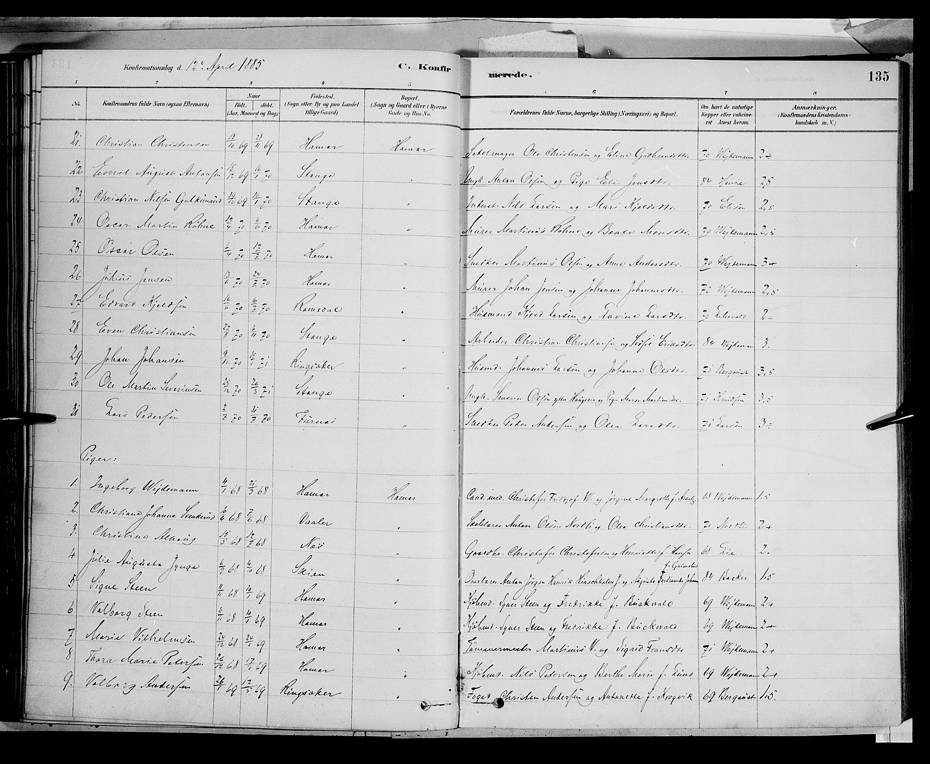 Vang prestekontor, Hedmark, AV/SAH-PREST-008/H/Ha/Haa/L0016: Parish register (official) no. 16, 1878-1889, p. 135