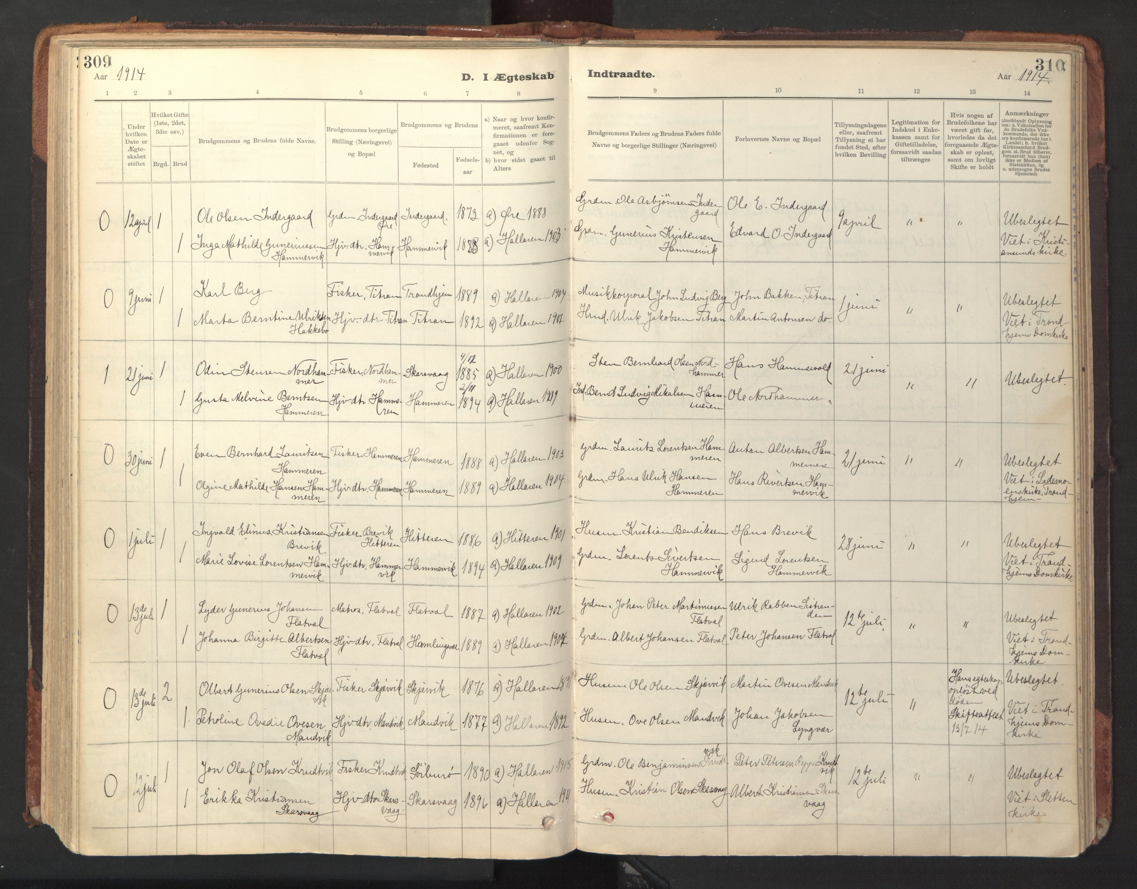 Ministerialprotokoller, klokkerbøker og fødselsregistre - Sør-Trøndelag, SAT/A-1456/641/L0596: Parish register (official) no. 641A02, 1898-1915, p. 309-310