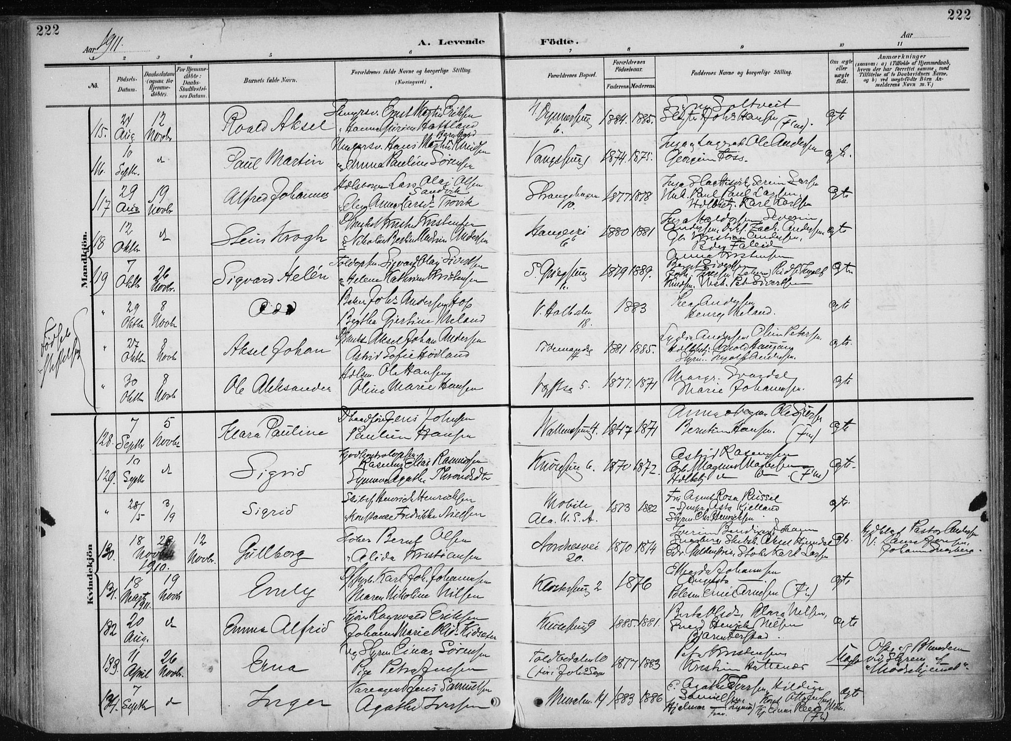 Nykirken Sokneprestembete, AV/SAB-A-77101/H/Haa/L0019: Parish register (official) no. B 7, 1904-1916, p. 222