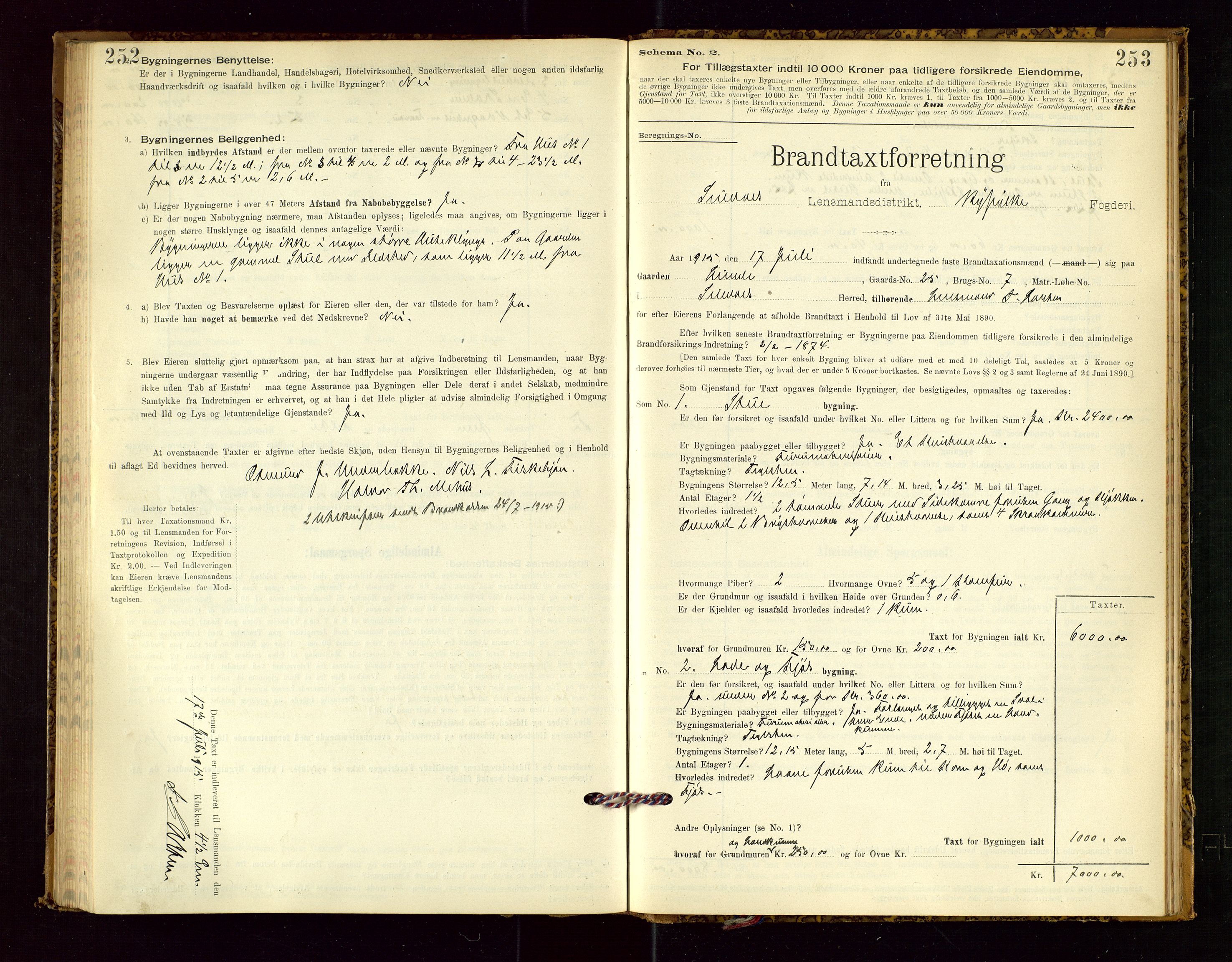 Suldal lensmannskontor, SAST/A-100419/Gob/L0001: "Brandtaxationsprotokol", 1894-1923, p. 252-253