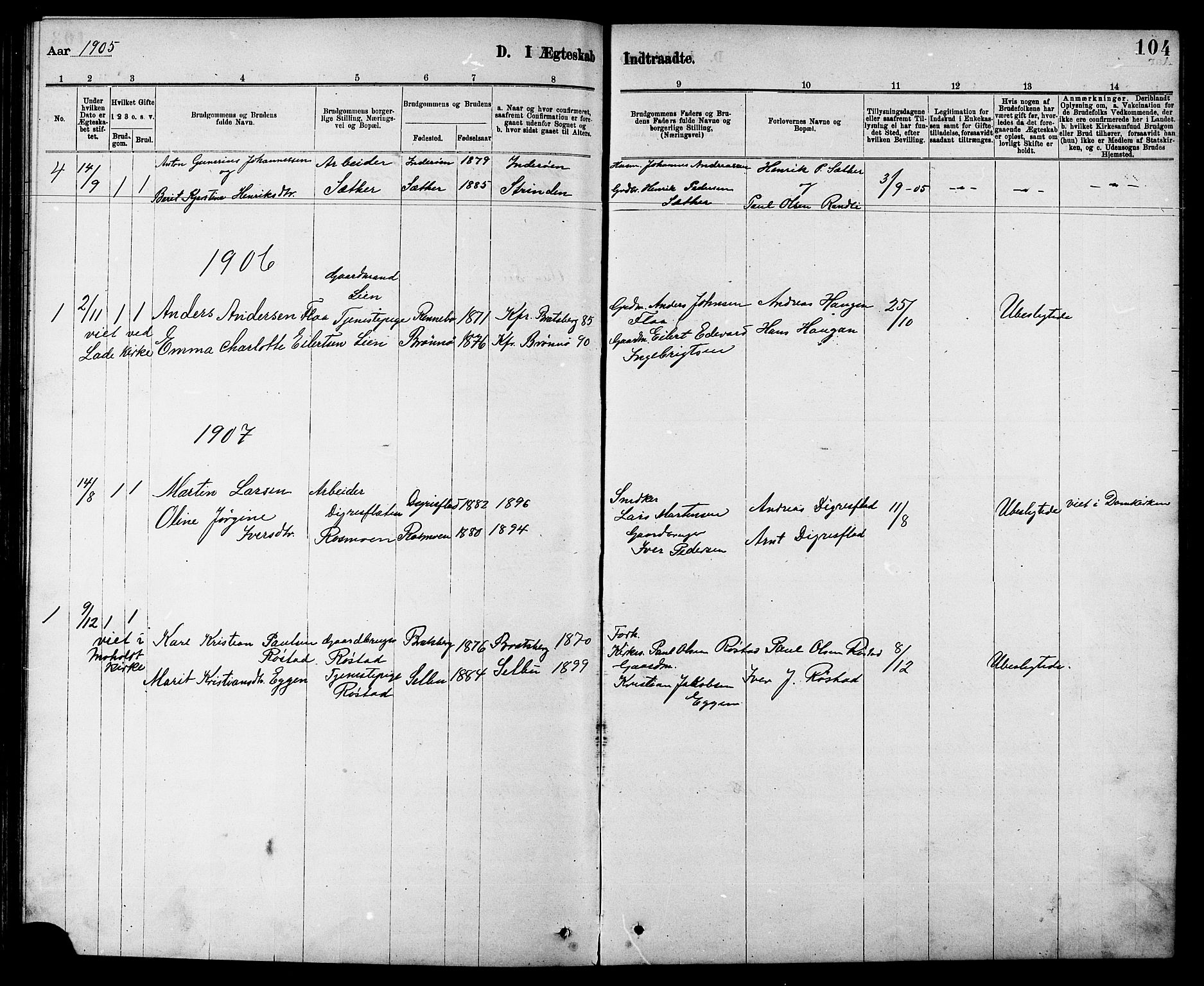 Ministerialprotokoller, klokkerbøker og fødselsregistre - Sør-Trøndelag, SAT/A-1456/608/L0341: Parish register (copy) no. 608C07, 1890-1912, p. 104