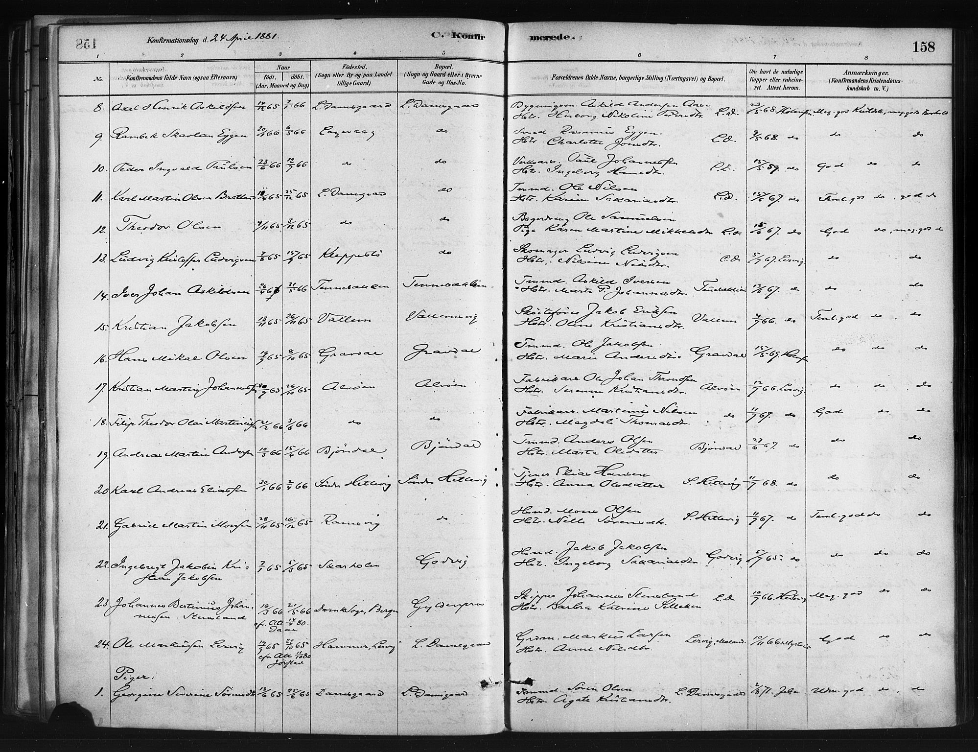 Askøy Sokneprestembete, SAB/A-74101/H/Ha/Haa/Haae/L0002: Parish register (official) no. E 2, 1878-1891, p. 158