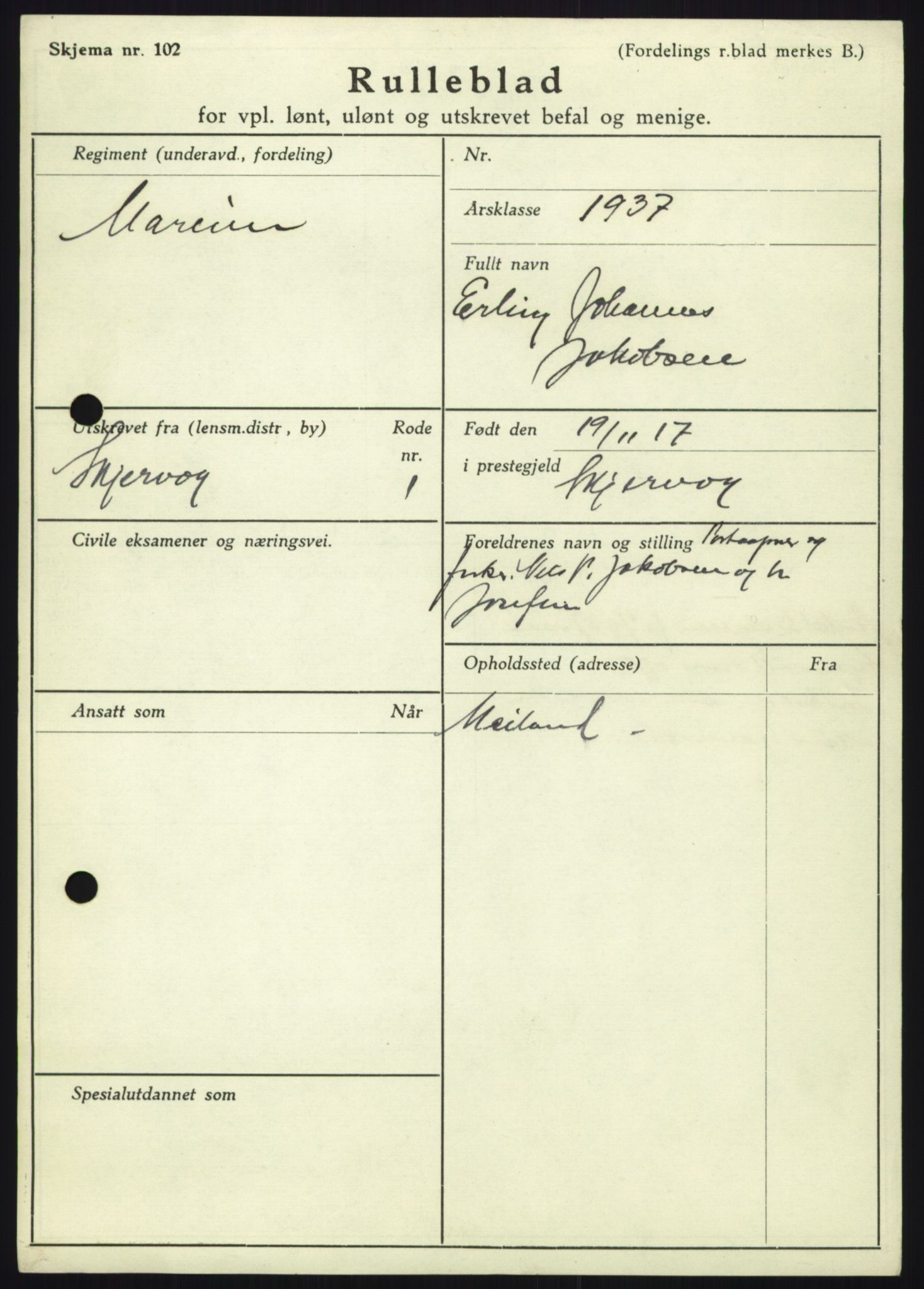 Forsvaret, Troms infanteriregiment nr. 16, AV/RA-RAFA-3146/P/Pa/L0021: Rulleblad for regimentets menige mannskaper, årsklasse 1937, 1937, p. 433