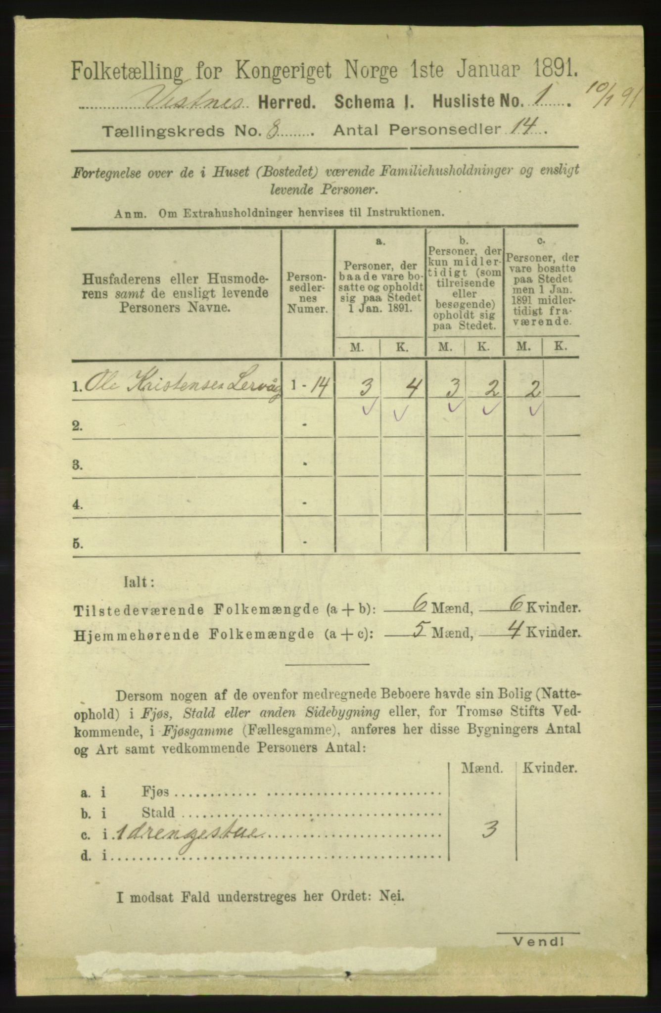 RA, 1891 census for 1535 Vestnes, 1891, p. 3121