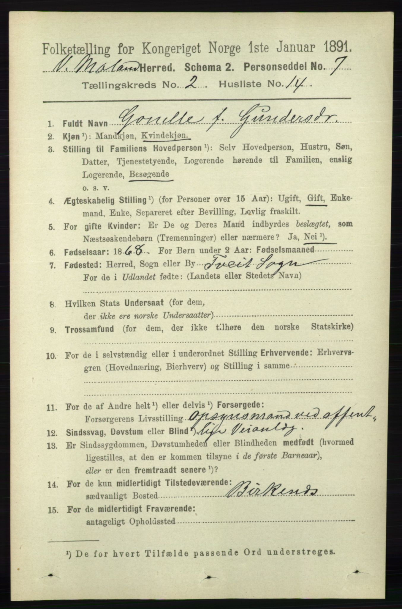 RA, 1891 census for 0926 Vestre Moland, 1891, p. 707