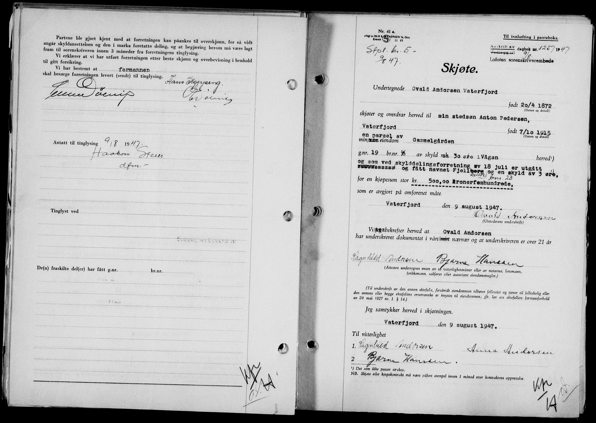 Lofoten sorenskriveri, SAT/A-0017/1/2/2C/L0016a: Mortgage book no. 16a, 1947-1947, Diary no: : 1257/1947