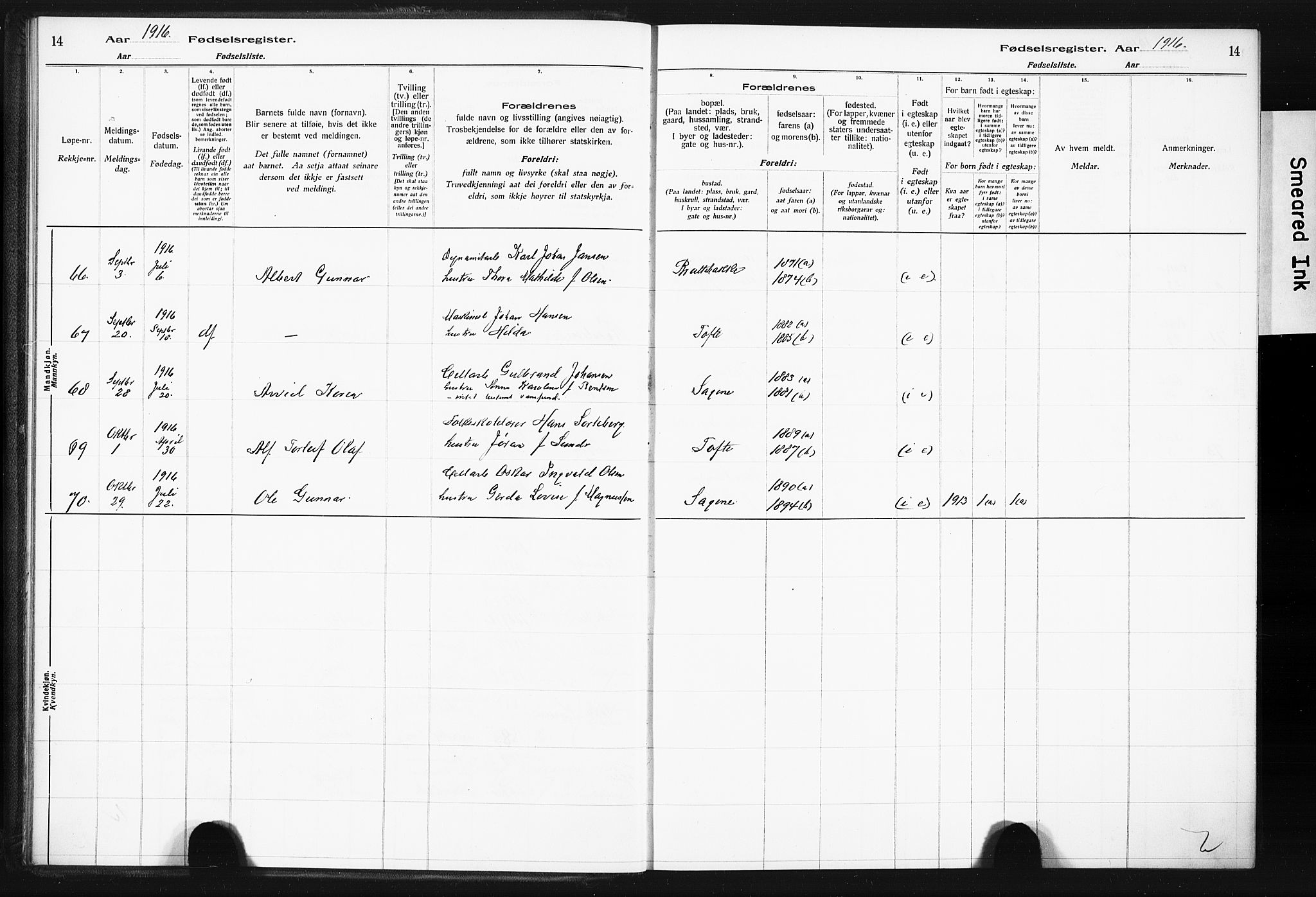 Hurum kirkebøker, AV/SAKO-A-229/J/Ja/L0001: Birth register no. 1, 1916-1928, p. 14