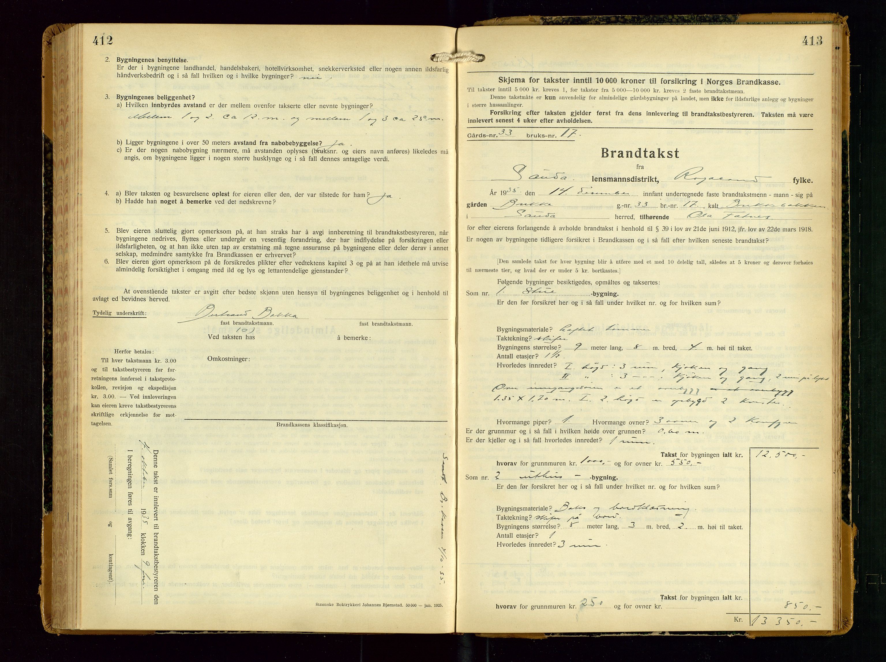 Sauda lensmannskontor, SAST/A-100177/Gob/L0003: Branntakstprotokoll - skjematakst, 1928-1936, p. 412-413