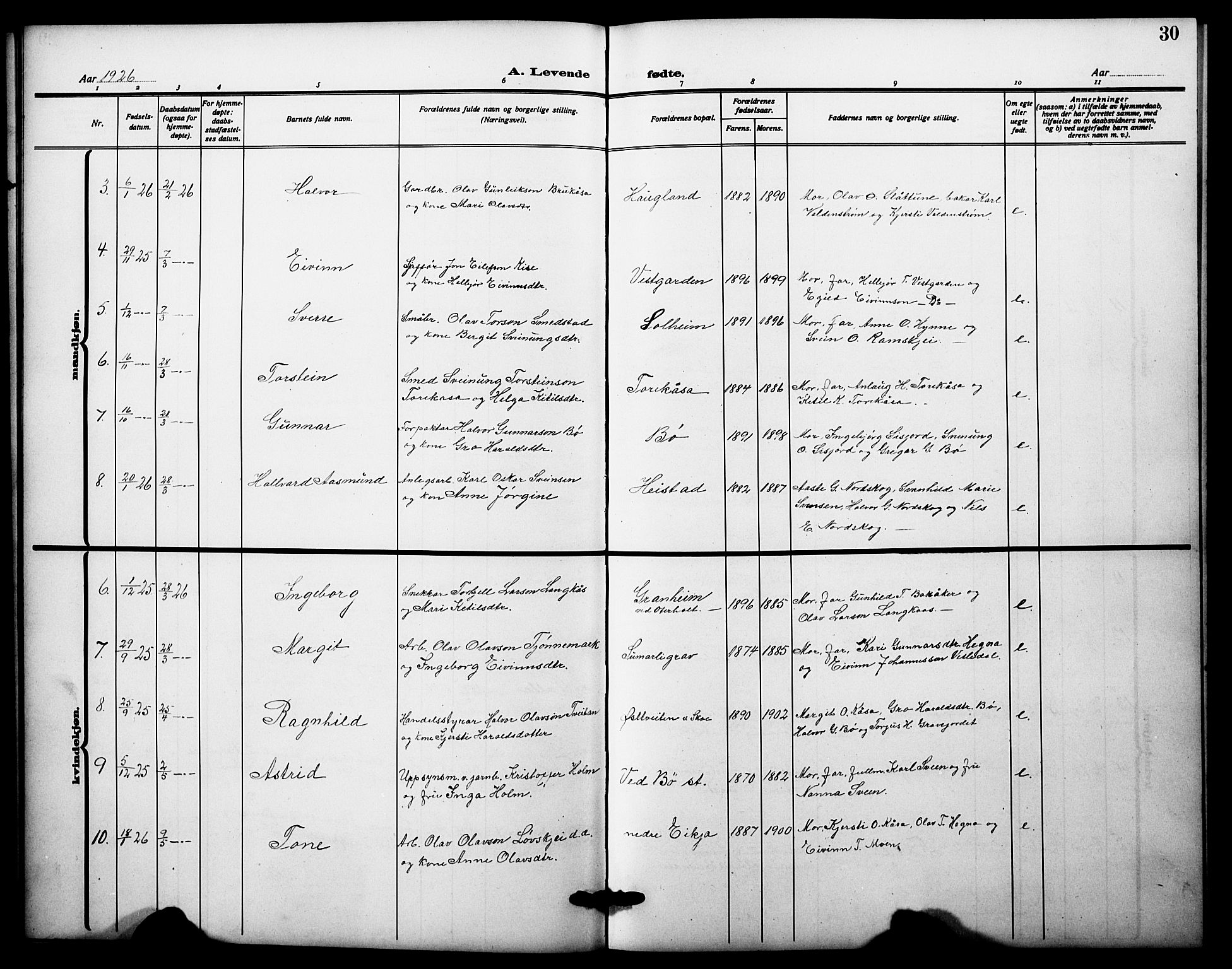 Bø kirkebøker, SAKO/A-257/G/Ga/L0008: Parish register (copy) no. 8, 1920-1930, p. 30