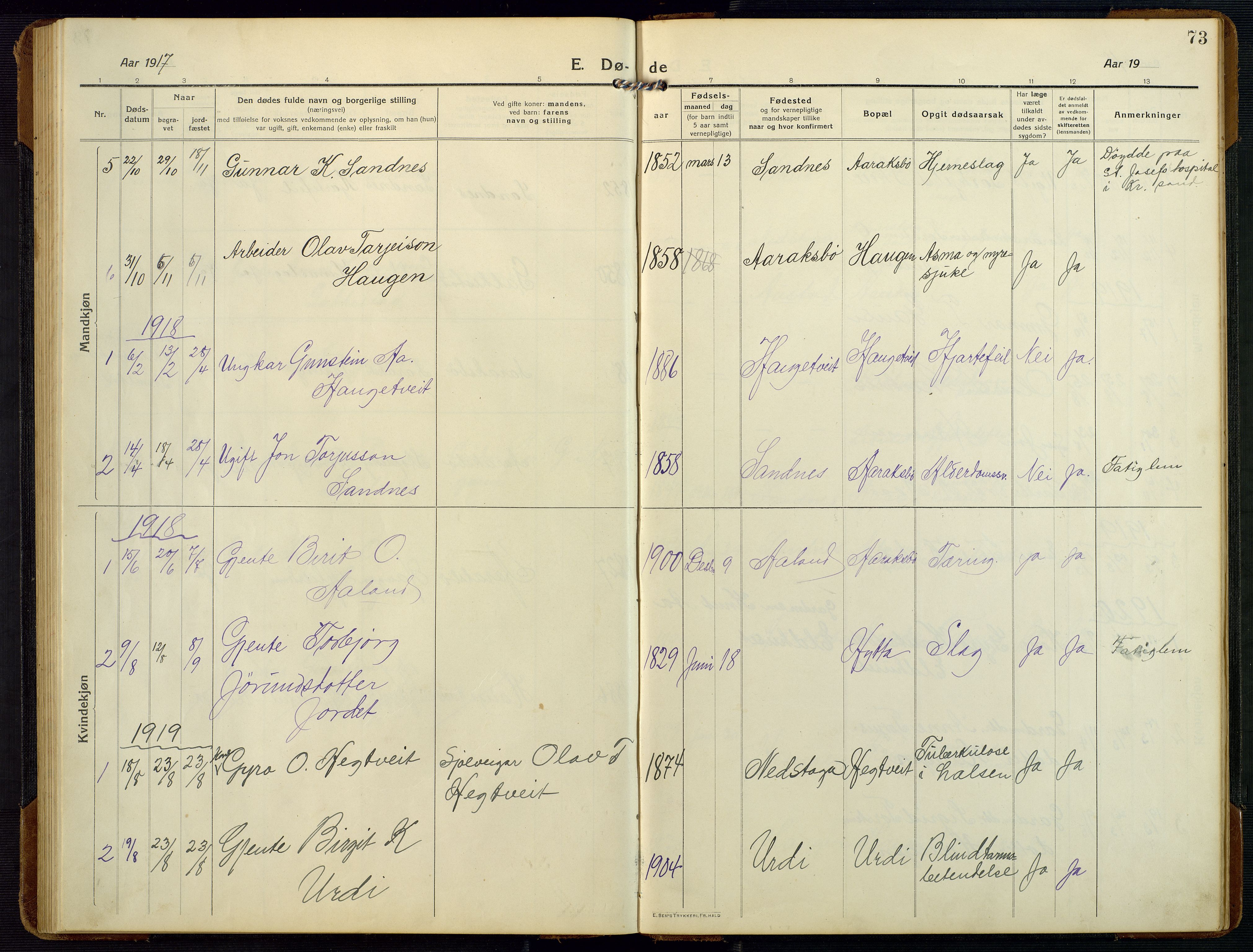 Bygland sokneprestkontor, SAK/1111-0006/F/Fb/Fbc/L0003: Parish register (copy) no. B 3, 1916-1975, p. 73