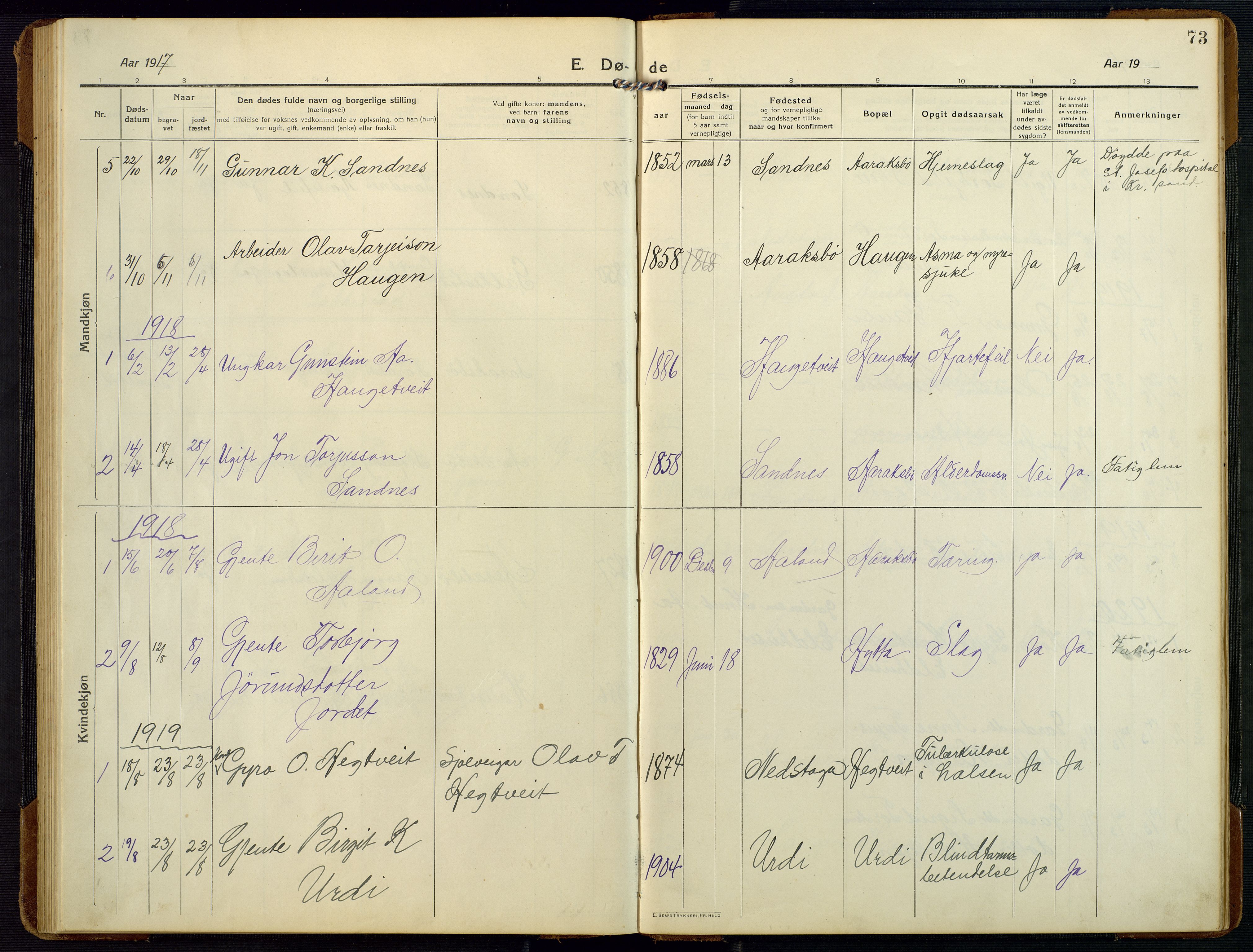 Bygland sokneprestkontor, AV/SAK-1111-0006/F/Fb/Fbc/L0003: Parish register (copy) no. B 3, 1916-1975, p. 73