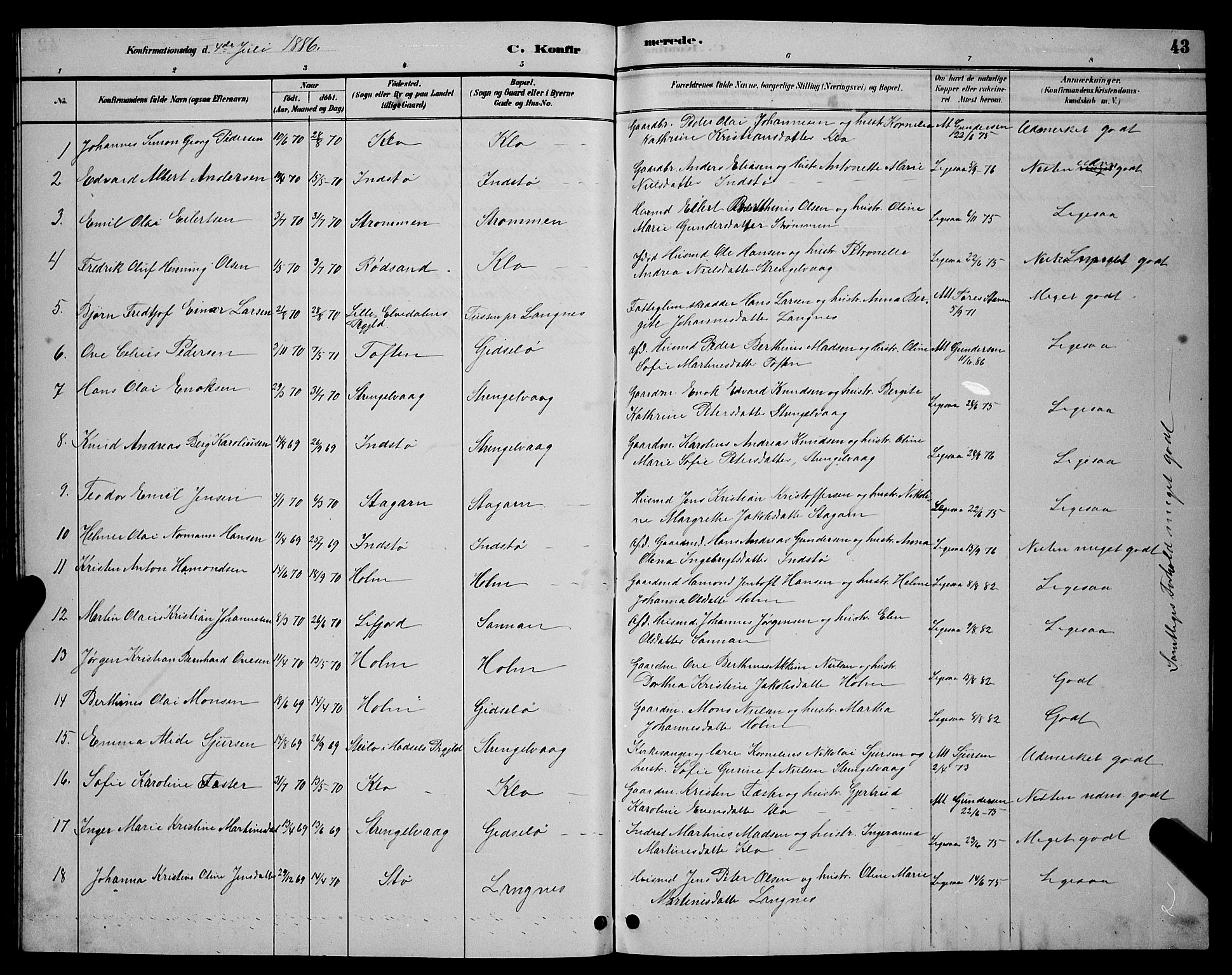 Ministerialprotokoller, klokkerbøker og fødselsregistre - Nordland, AV/SAT-A-1459/894/L1360: Parish register (copy) no. 894C03, 1885-1888, p. 43