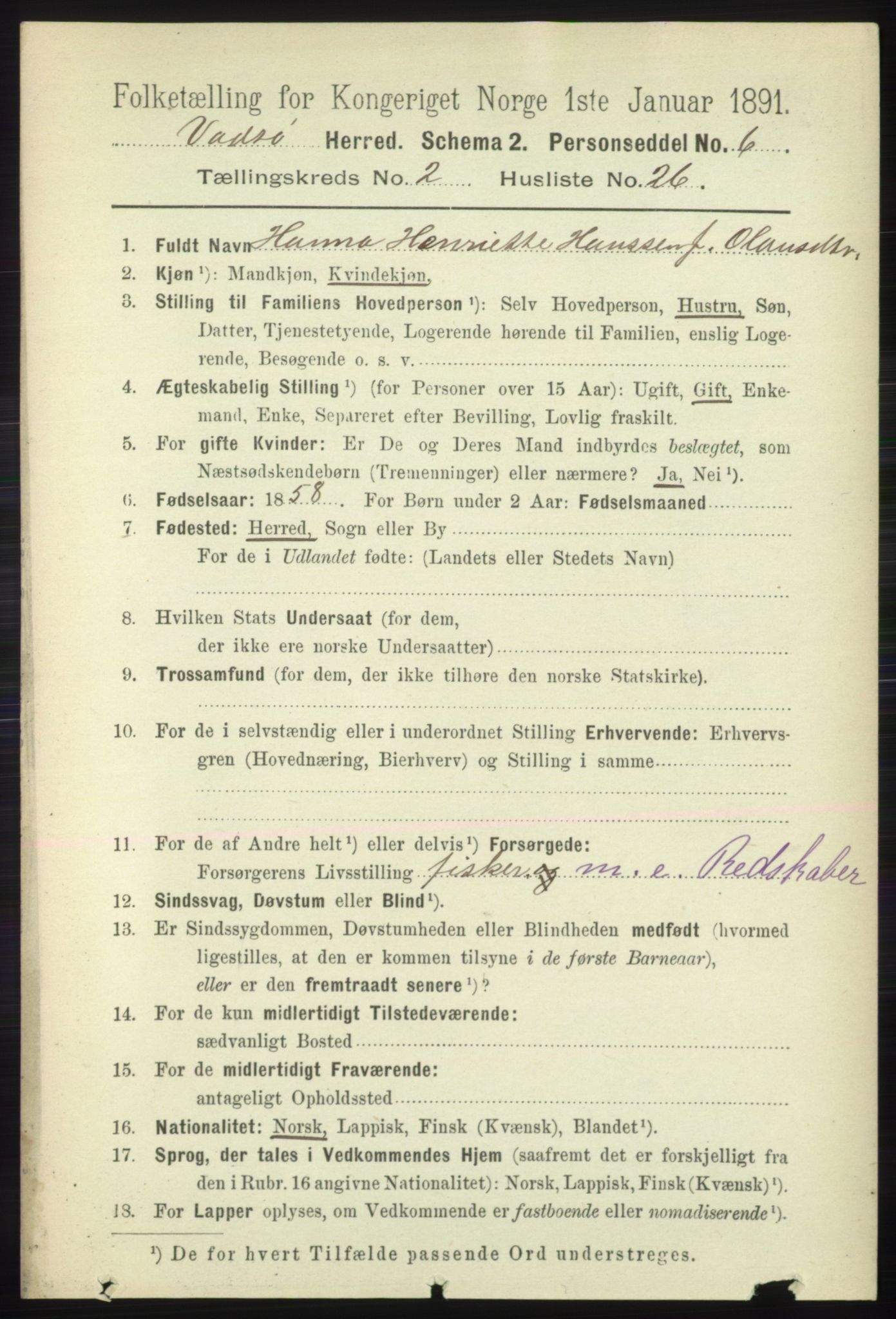 RA, 1891 census for 2029 Vadsø, 1891, p. 615