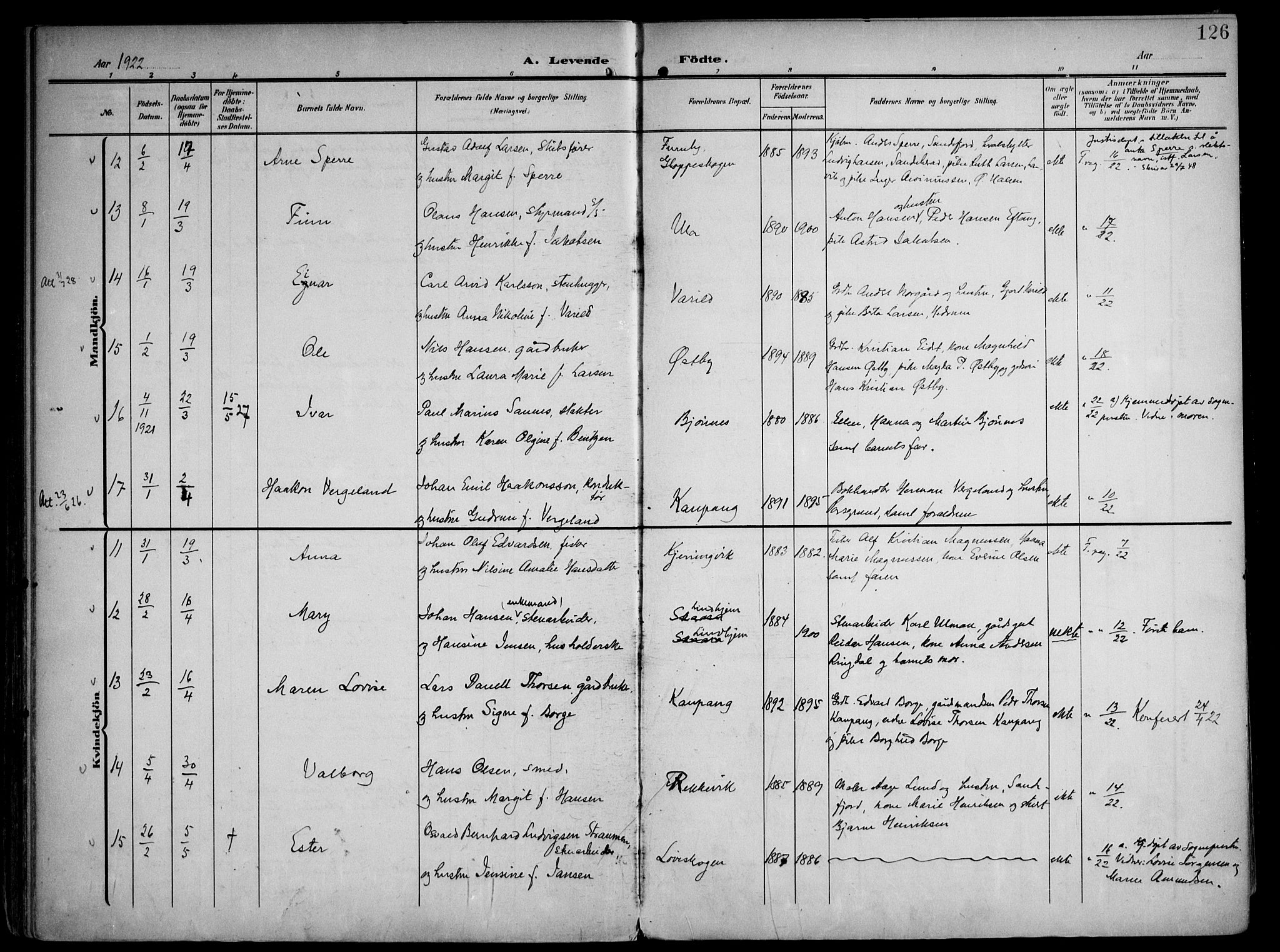 Tjølling kirkebøker, AV/SAKO-A-60/F/Fa/L0010: Parish register (official) no. 10, 1906-1923, p. 126