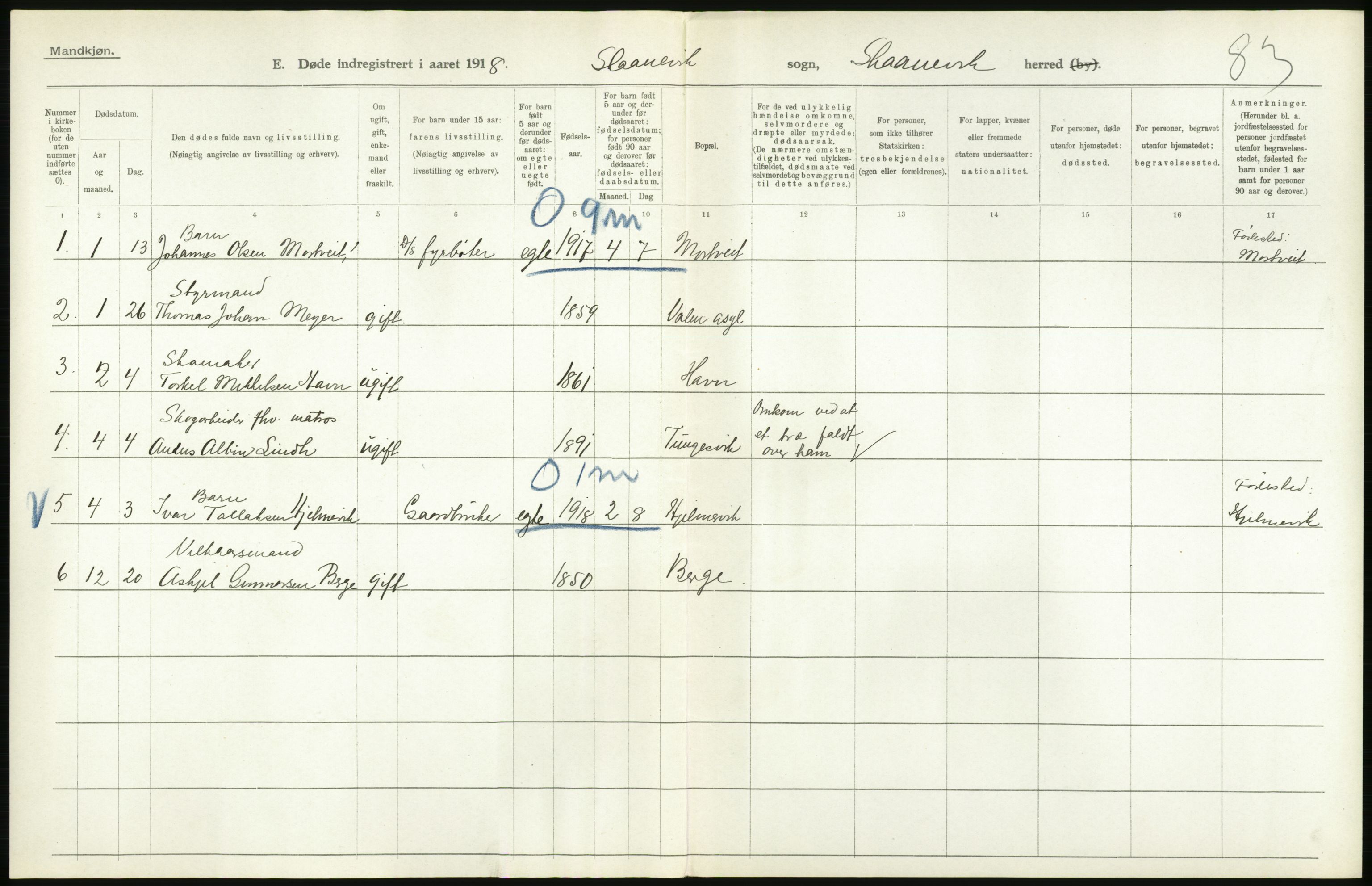 Statistisk sentralbyrå, Sosiodemografiske emner, Befolkning, RA/S-2228/D/Df/Dfb/Dfbh/L0036: Hordaland fylke: Døde., 1918, p. 20