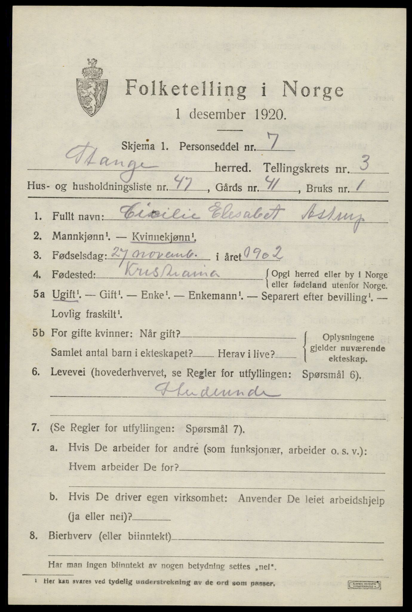 SAH, 1920 census for Stange, 1920, p. 5689