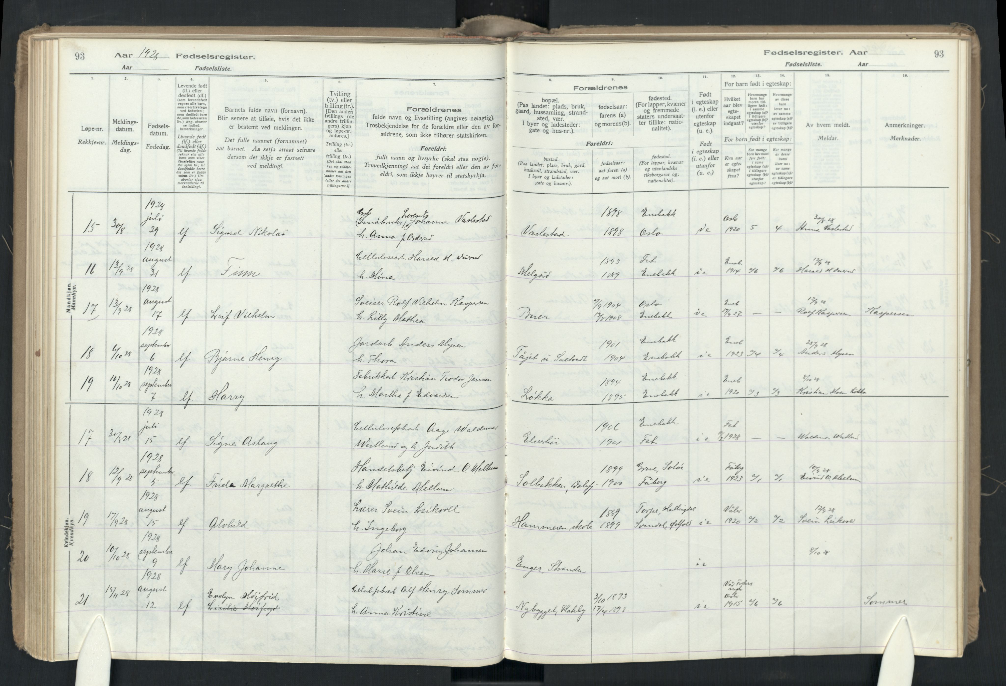 Enebakk prestekontor Kirkebøker, AV/SAO-A-10171c/J/Ja/L0001: Birth register no. I 1, 1916-1948, p. 93