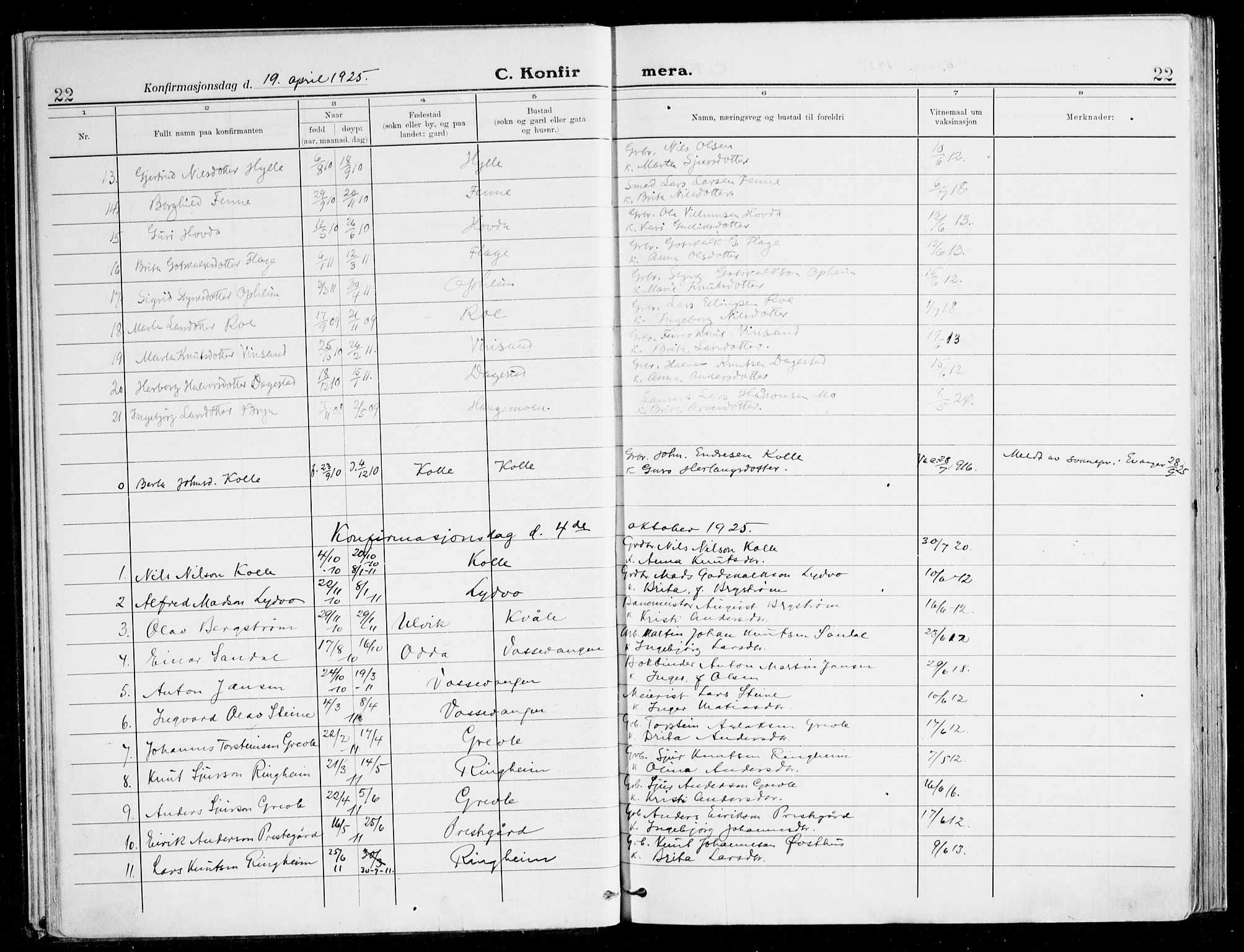 Voss sokneprestembete, SAB/A-79001/H/Haa: Parish register (official) no. B 3, 1922-1942, p. 22
