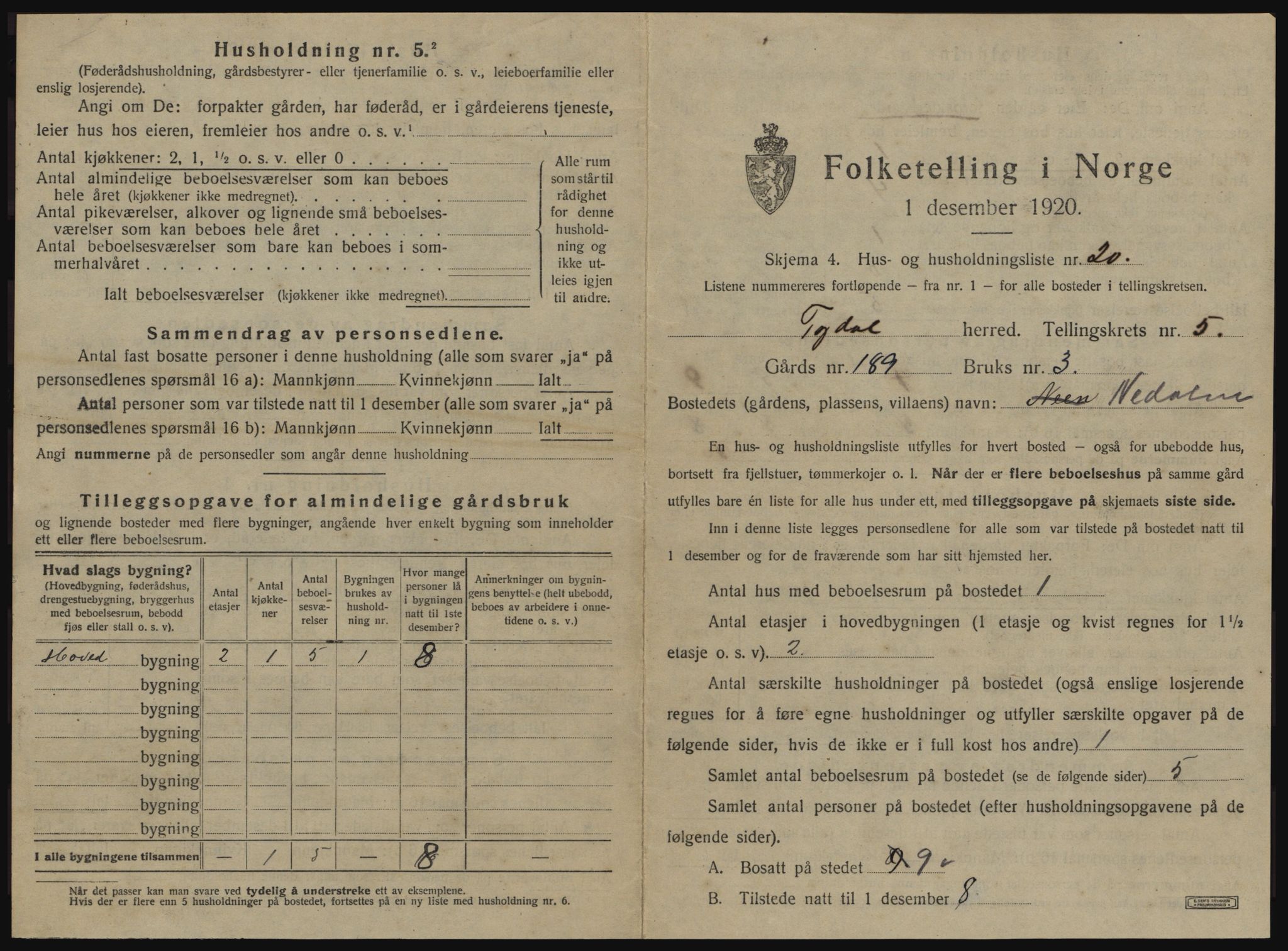 SAT, 1920 census for Tydal, 1920, p. 307