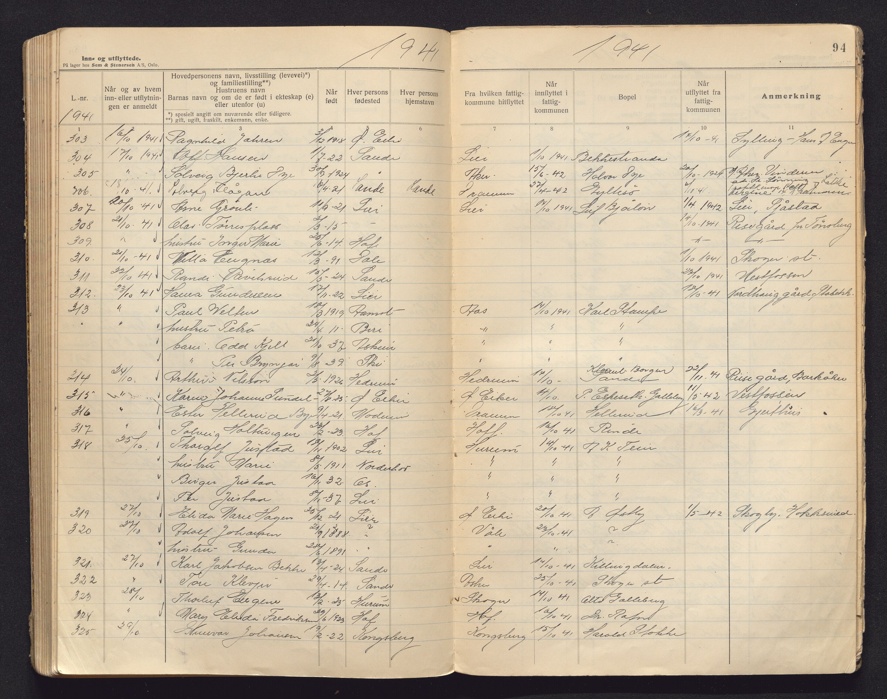 Sande lensmannskontor, AV/SAKO-A-546/O/Oc/L0006: Protokoll over inn- og utflyttede, 1935-1942, p. 93b-94a