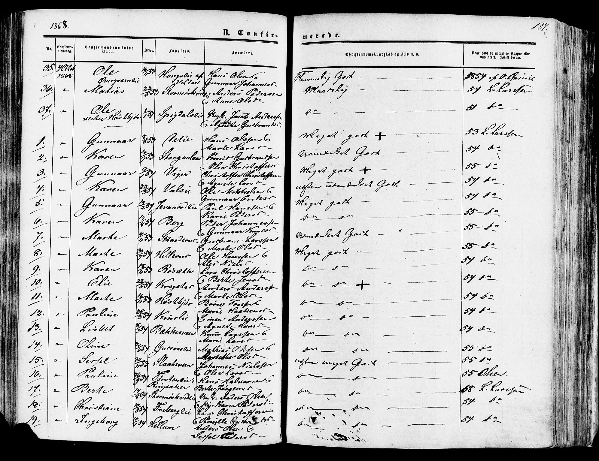 Vang prestekontor, Hedmark, AV/SAH-PREST-008/H/Ha/Haa/L0013: Parish register (official) no. 13, 1855-1879, p. 187