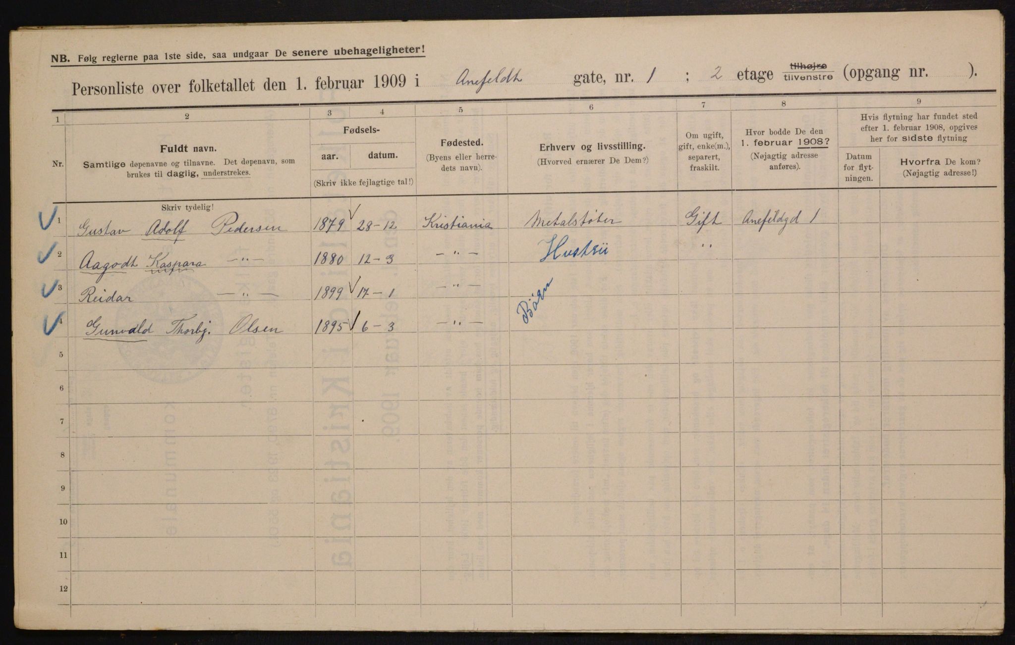 OBA, Municipal Census 1909 for Kristiania, 1909, p. 1033