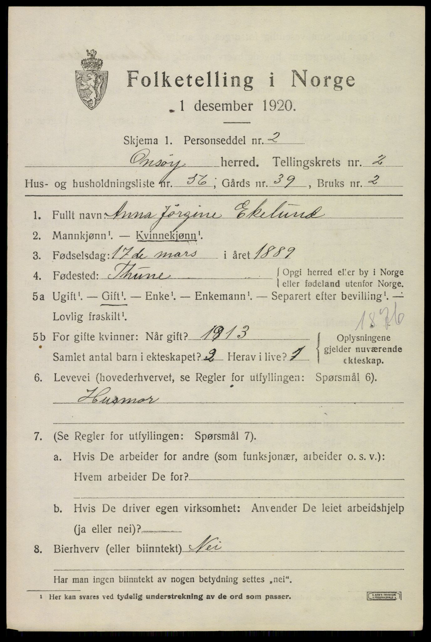 SAO, 1920 census for Onsøy, 1920, p. 4165