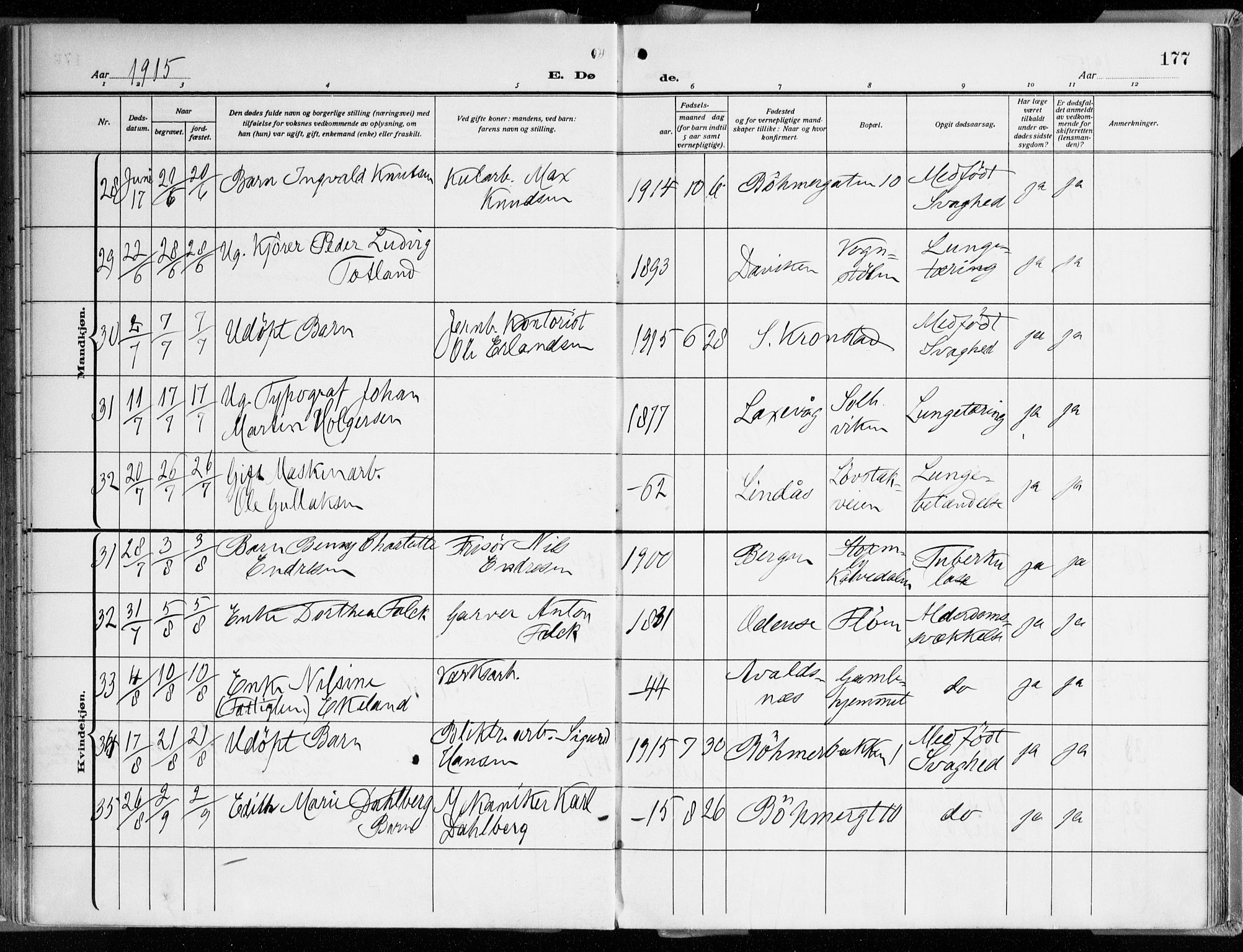 Årstad Sokneprestembete, AV/SAB-A-79301/H/Haa/L0003: Parish register (official) no. A 3, 1914-1919, p. 177