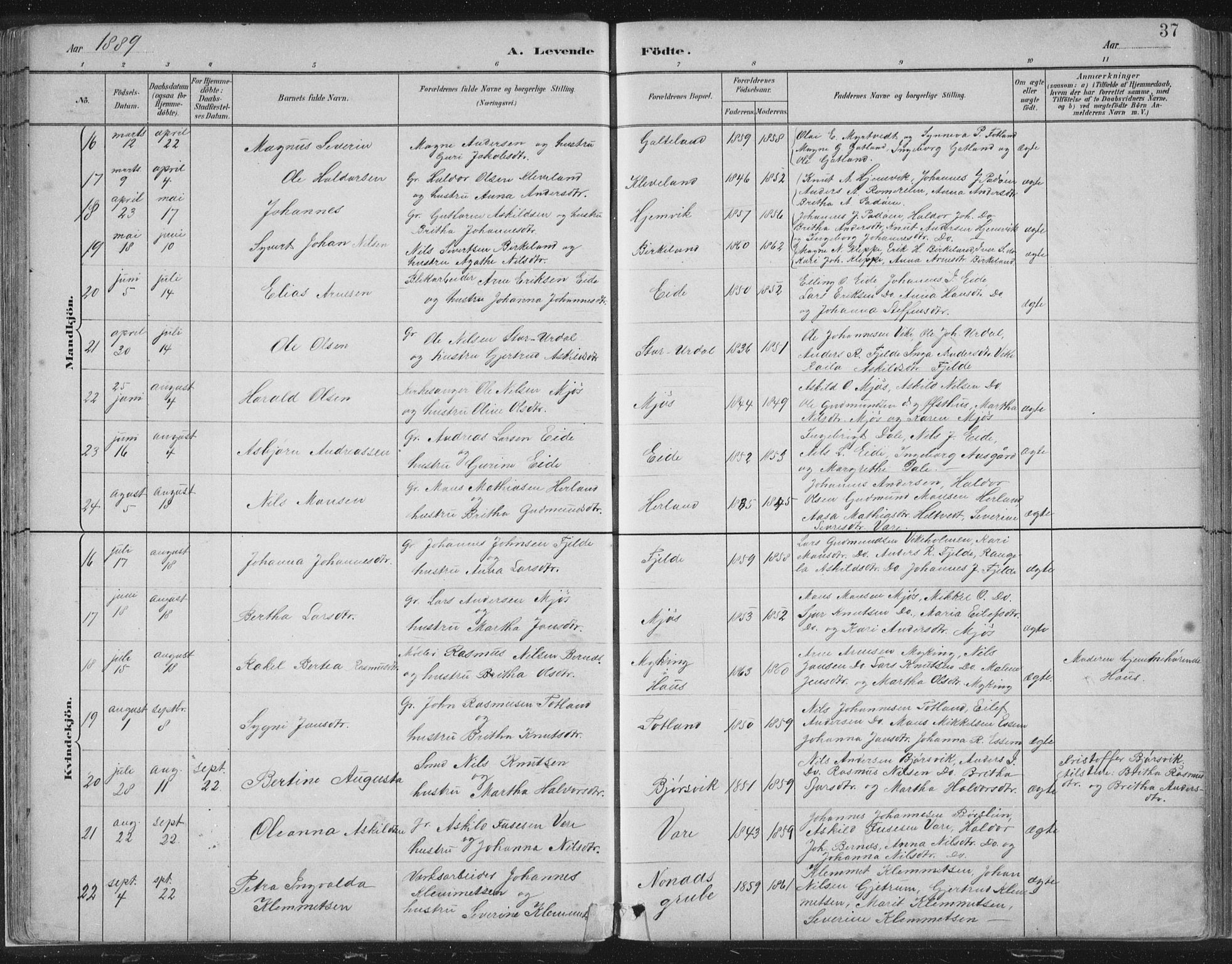 Hosanger sokneprestembete, SAB/A-75801/H/Hab: Parish register (copy) no. A 3 I, 1882-1903, p. 37