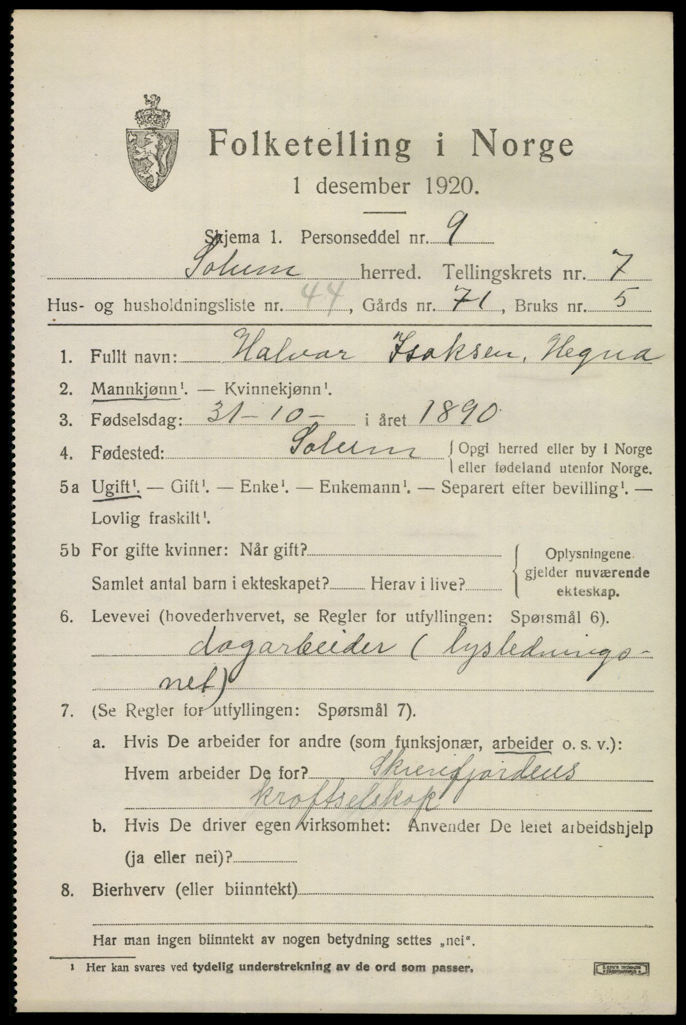 SAKO, 1920 census for Solum, 1920, p. 14286