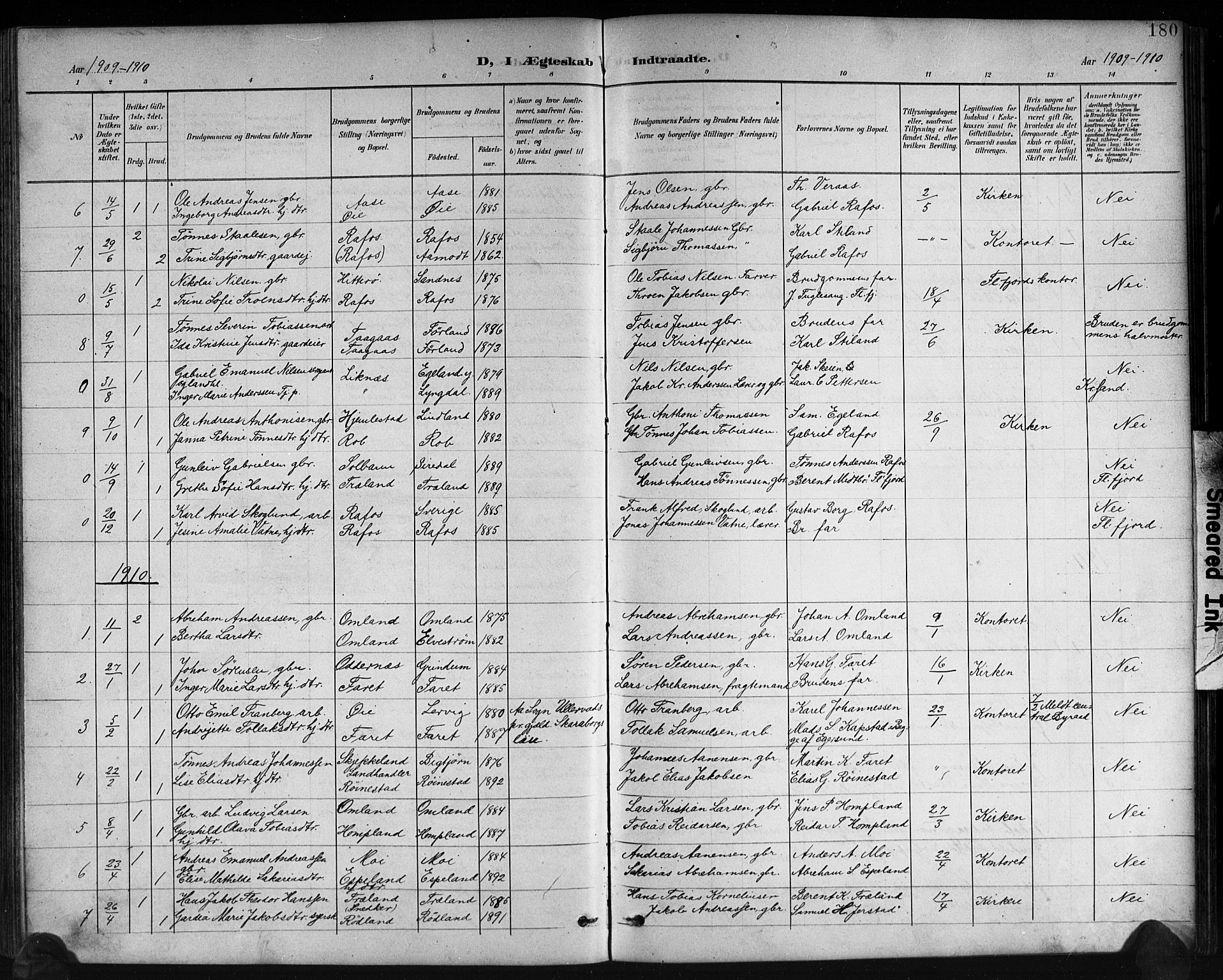 Kvinesdal sokneprestkontor, SAK/1111-0026/F/Fb/Fbb/L0003: Parish register (copy) no. B 3, 1898-1916, p. 180