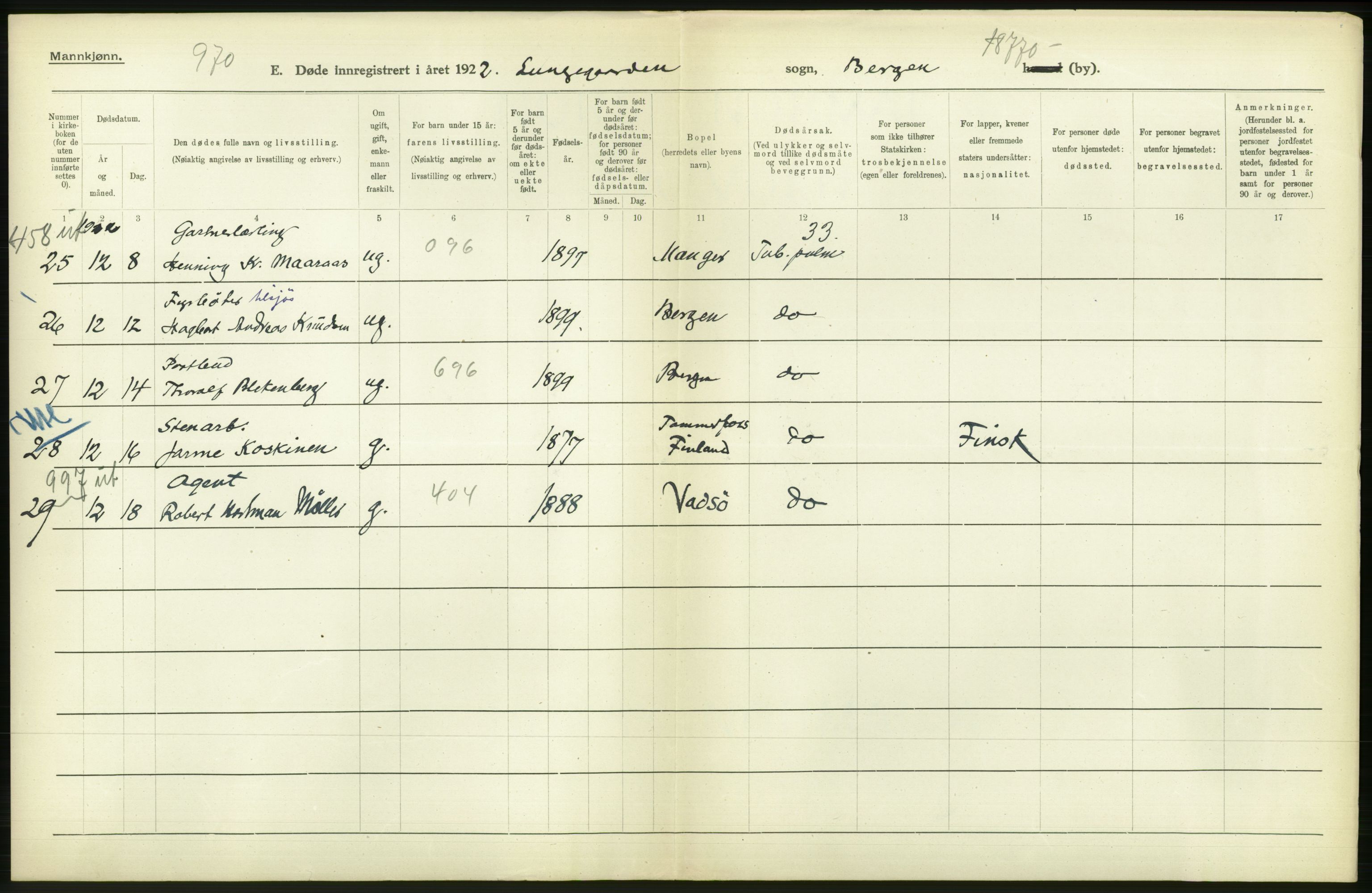 Statistisk sentralbyrå, Sosiodemografiske emner, Befolkning, AV/RA-S-2228/D/Df/Dfc/Dfcb/L0030: Bergen: Gifte, døde, dødfødte., 1922, p. 388