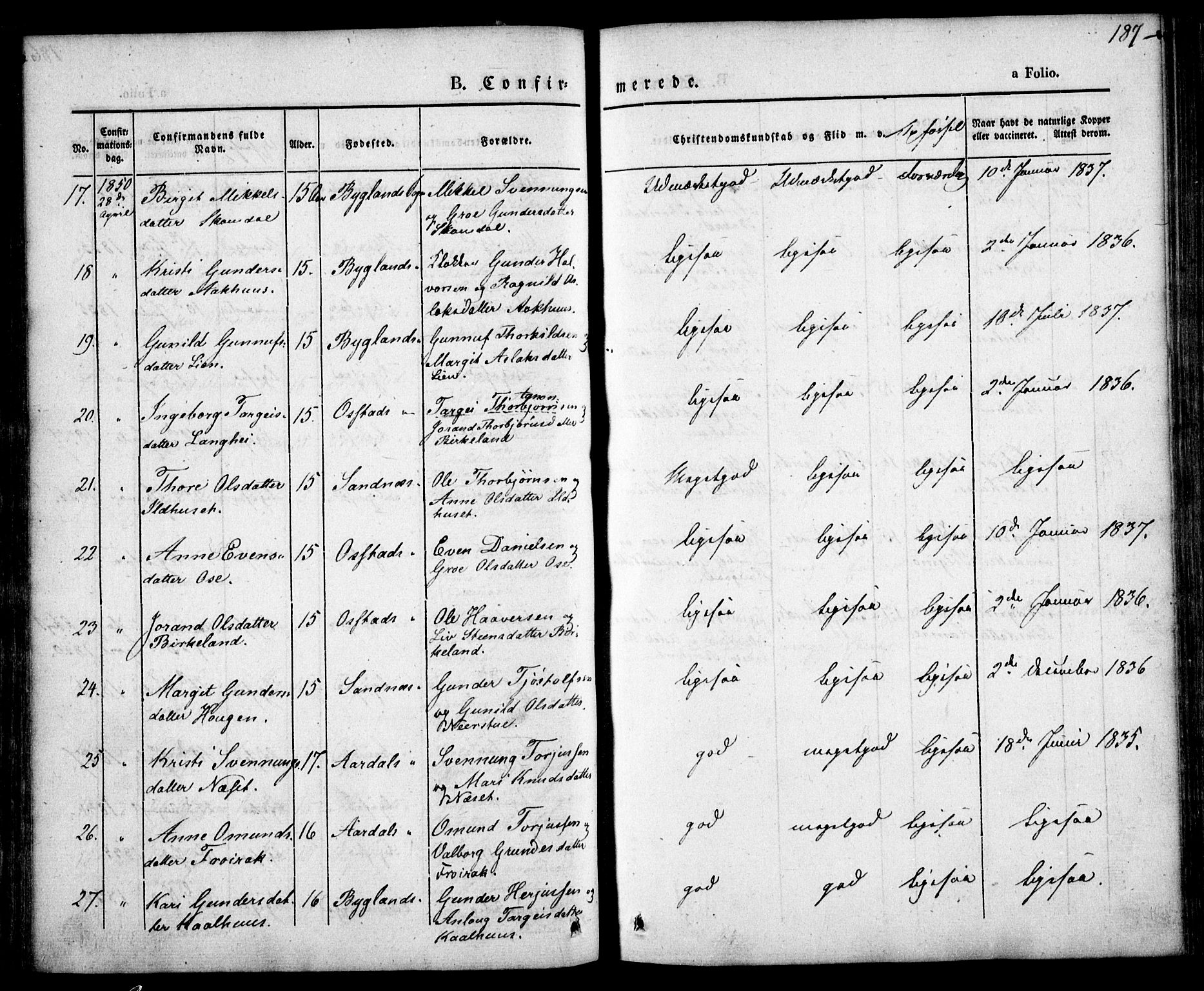 Bygland sokneprestkontor, AV/SAK-1111-0006/F/Fa/Fab/L0004: Parish register (official) no. A 4, 1842-1858, p. 187