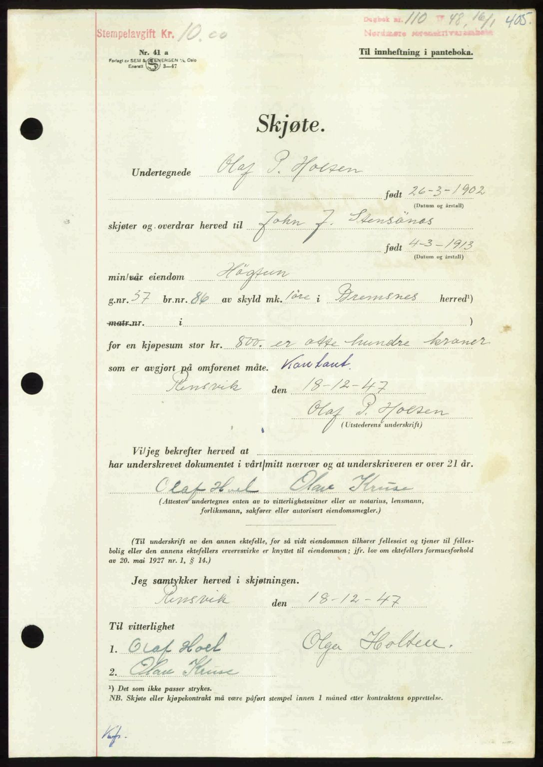 Nordmøre sorenskriveri, AV/SAT-A-4132/1/2/2Ca: Mortgage book no. A107, 1947-1948, Diary no: : 110/1948