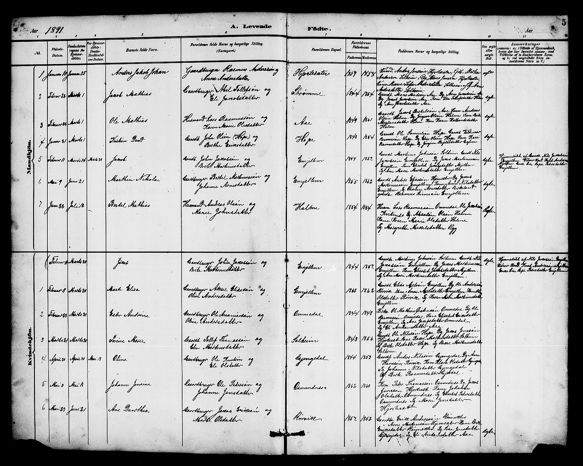 Gloppen sokneprestembete, AV/SAB-A-80101/H/Hab/Habe/L0001: Parish register (copy) no. E 1, 1891-1917, p. 5