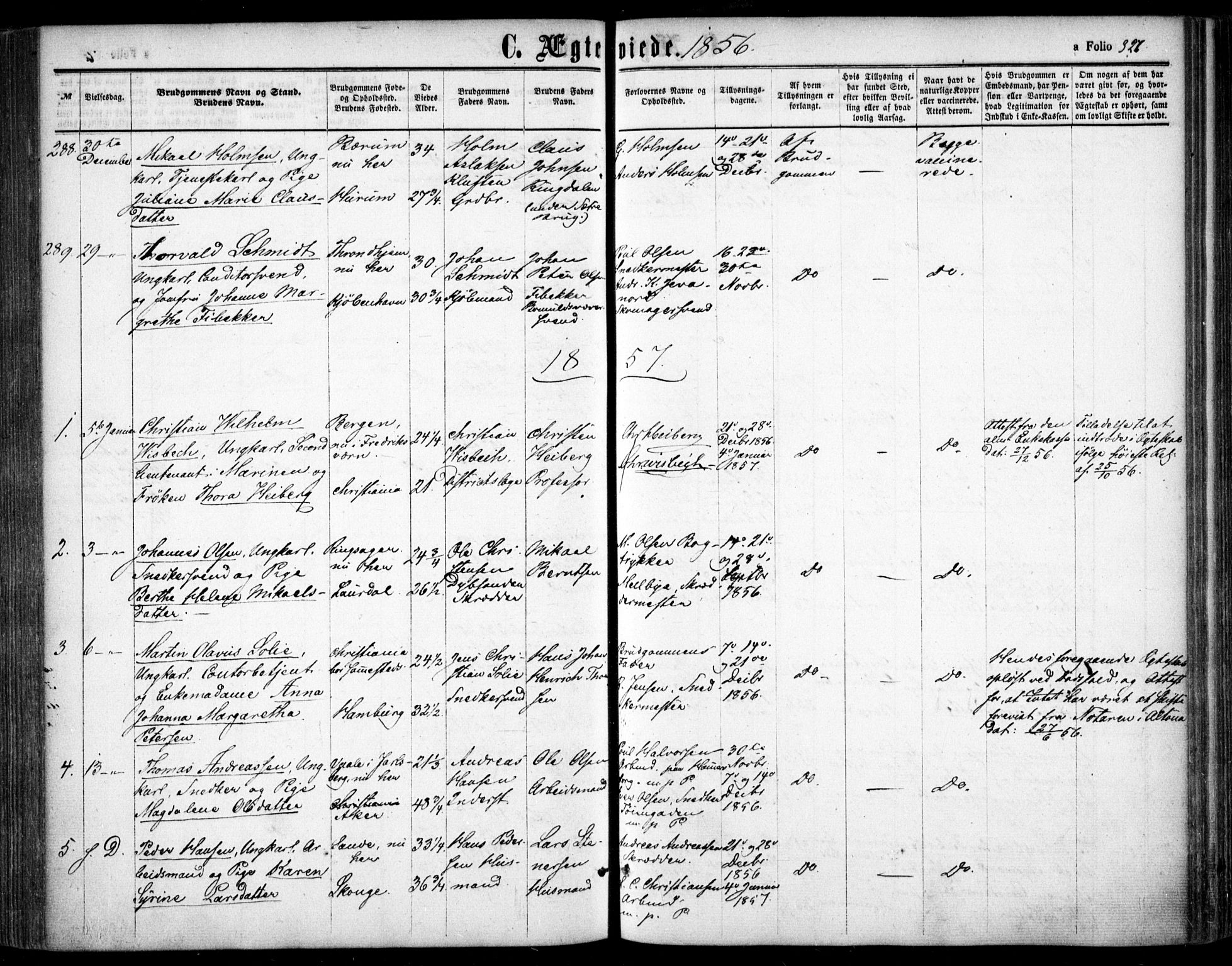 Oslo domkirke Kirkebøker, SAO/A-10752/F/Fa/L0020: Parish register (official) no. 20, 1848-1865, p. 327