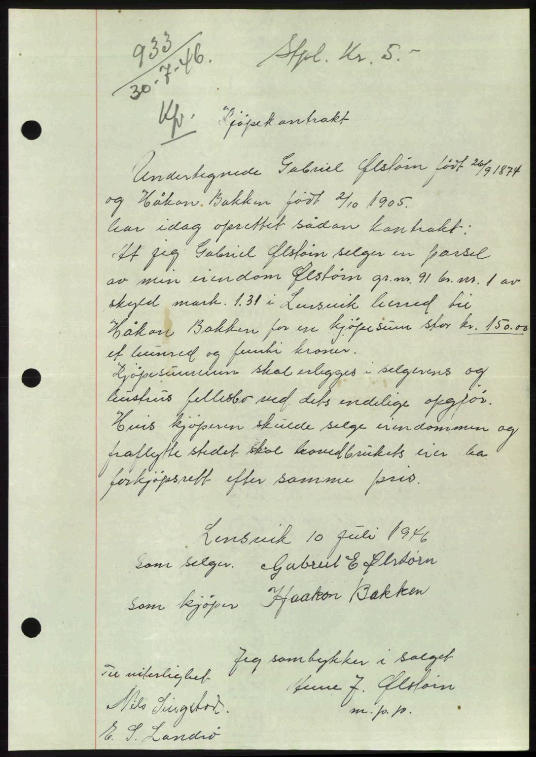 Fosen sorenskriveri, AV/SAT-A-1107/1/2/2C: Mortgage book no. A, 1946-1950, Diary no: : 933/1946